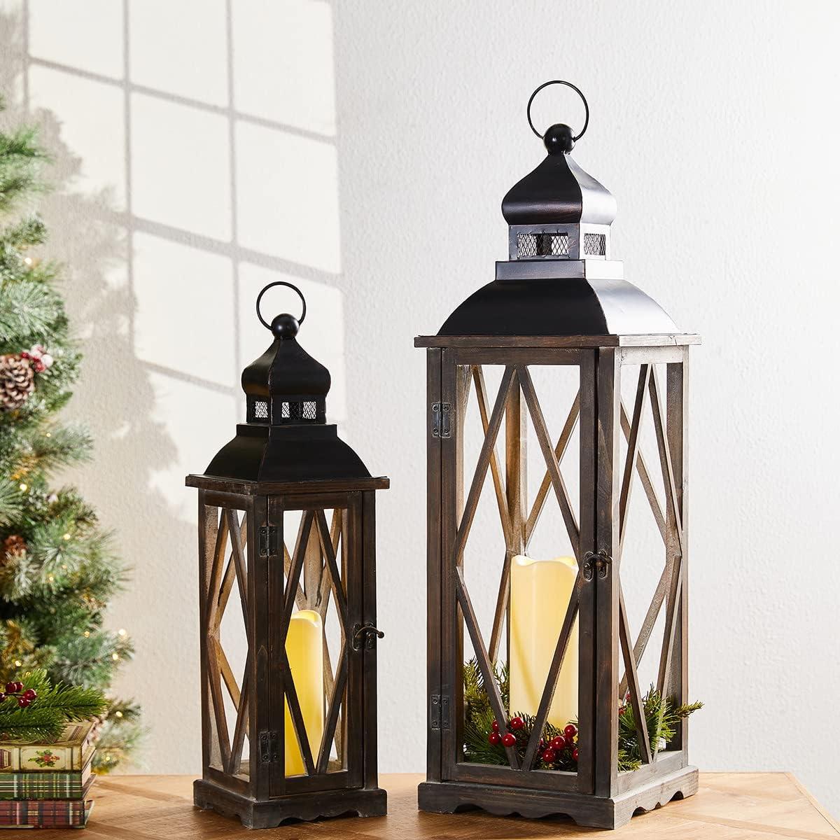 Glitzhome 2 Pack Farmhouse Wood/Metal Decorative Candle Lanterns Vintage Hanging Lantern for Patio - Tabletop, Black (No Glass)
