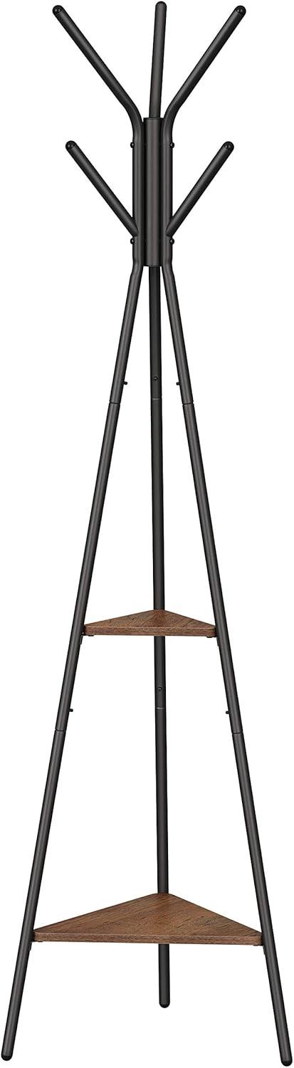 Hazelnut Brown and Black Industrial Freestanding Coat Rack with Shelves