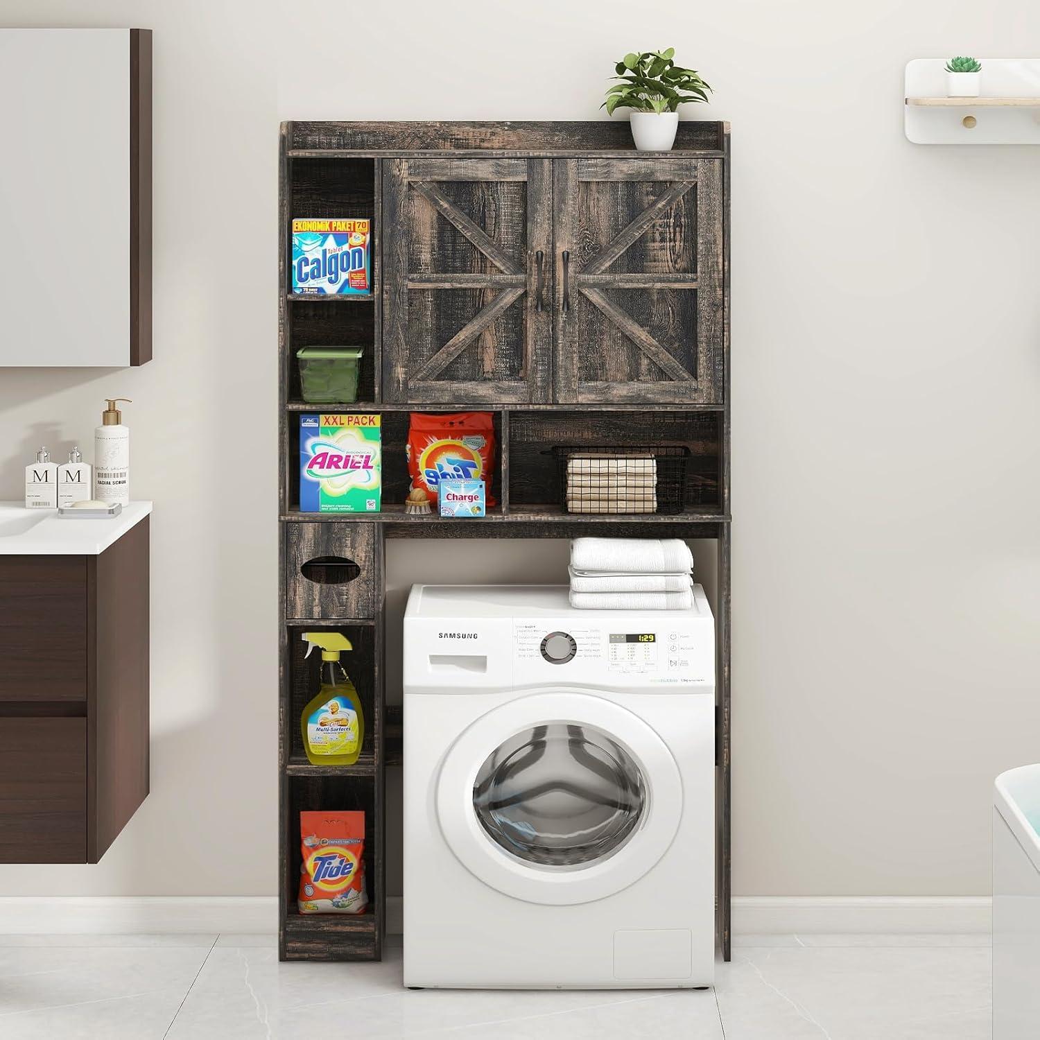 Over The Toilet Storage Cabinet, with 2 Barn Doors & Toilet Paper Holder Stand