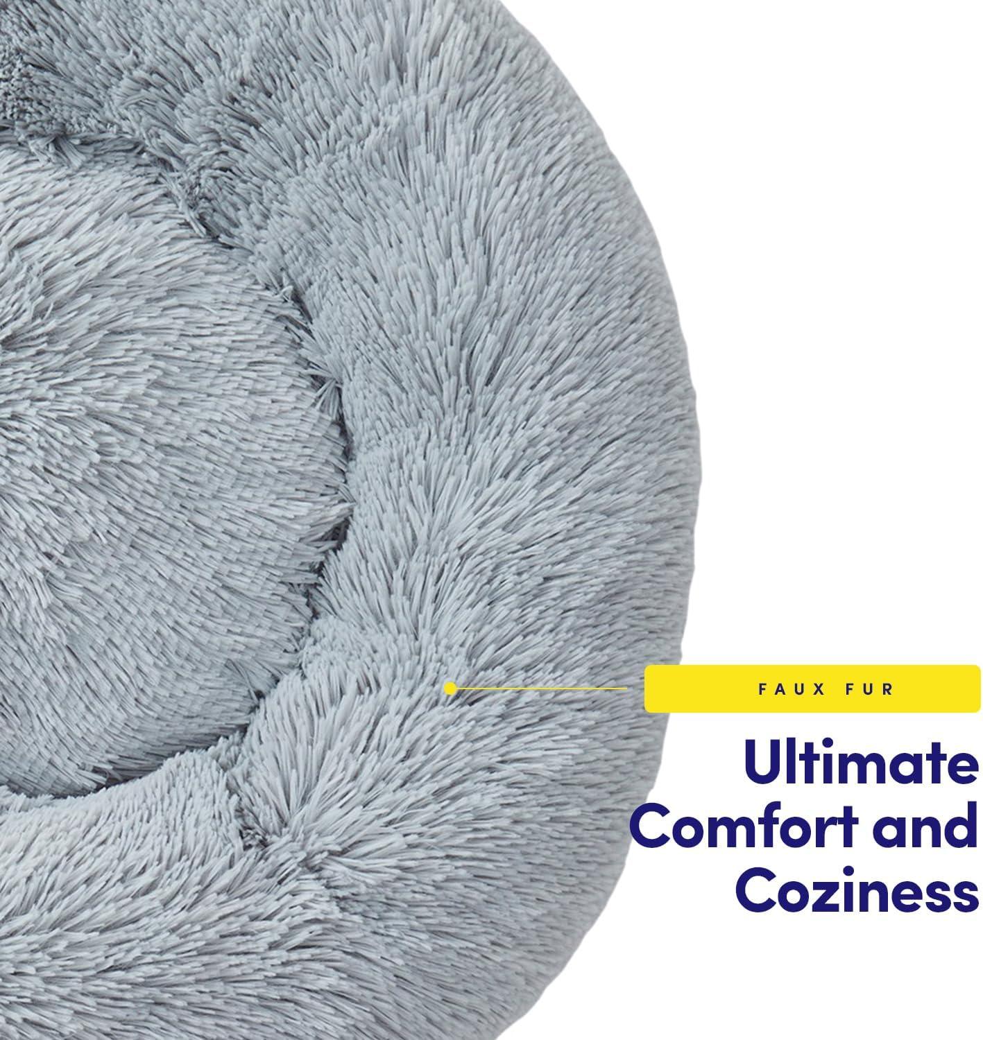 Dog & Cat Bed: Round Faux Fur Pet Bed - Plush, Cozy, & Calming Donut Bed for Medium Pets - Soft & Comfortable Sleeping Cushion for Napping & Lounging, 23" Round, Silver
