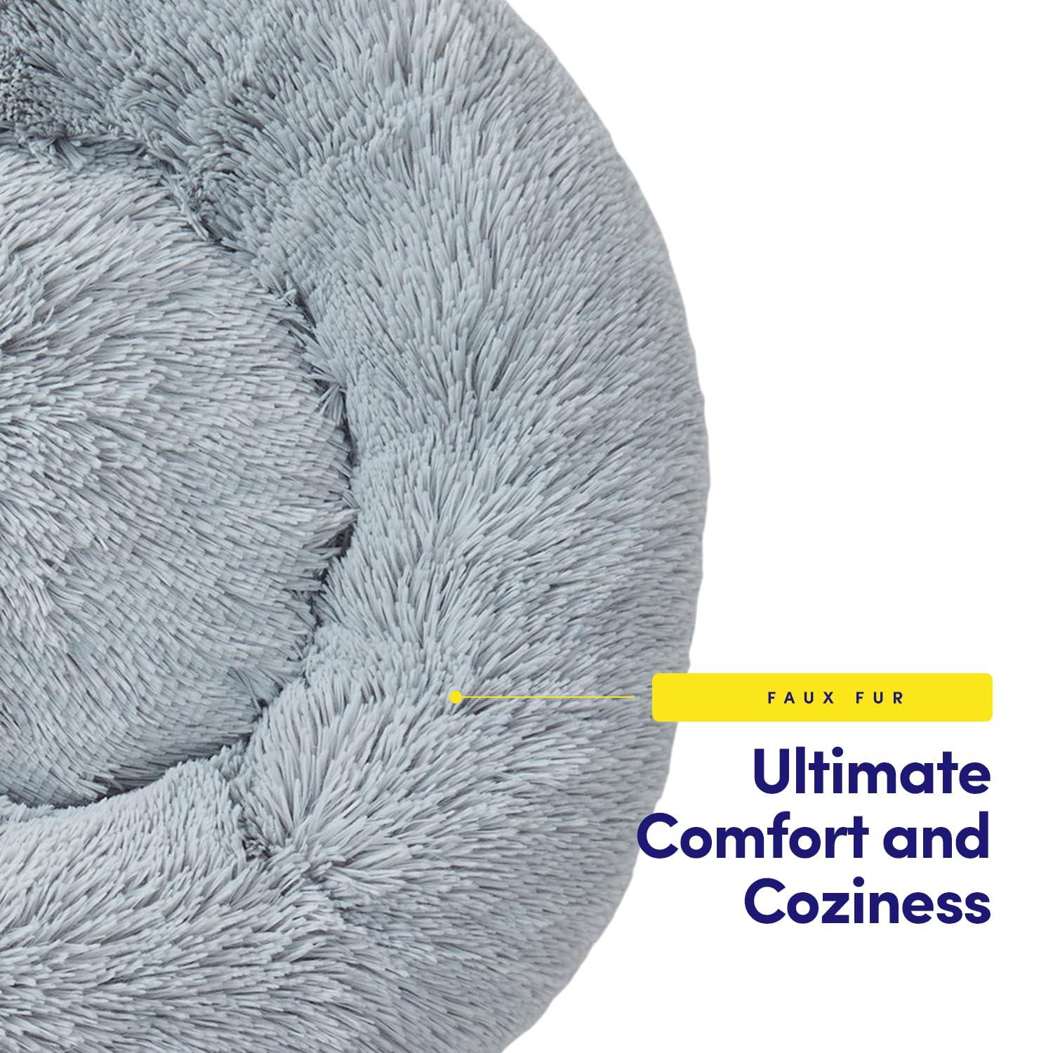 Dog & Cat Bed: Round Faux Fur Pet Bed - Plush, Cozy, & Calming Donut Bed for Medium Pets - Soft & Comfortable Sleeping Cushion for Napping & Lounging, 23" Round, Silver