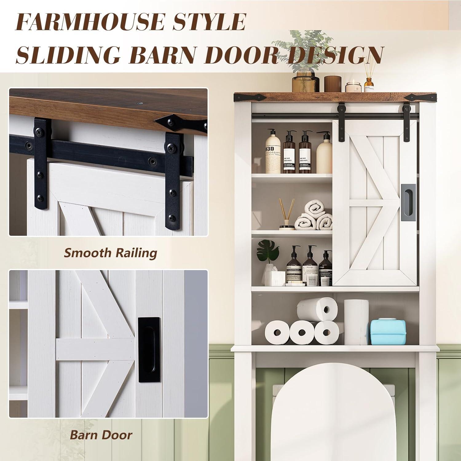 Farmhouse Over Toilet Cabinet, 68" Tall Toilet Organizer Stand with Sliding Barn Door & Adjustable Shelf, Above Toilet Storage for Bathroom, Laundry Room, Rustic Oak & White