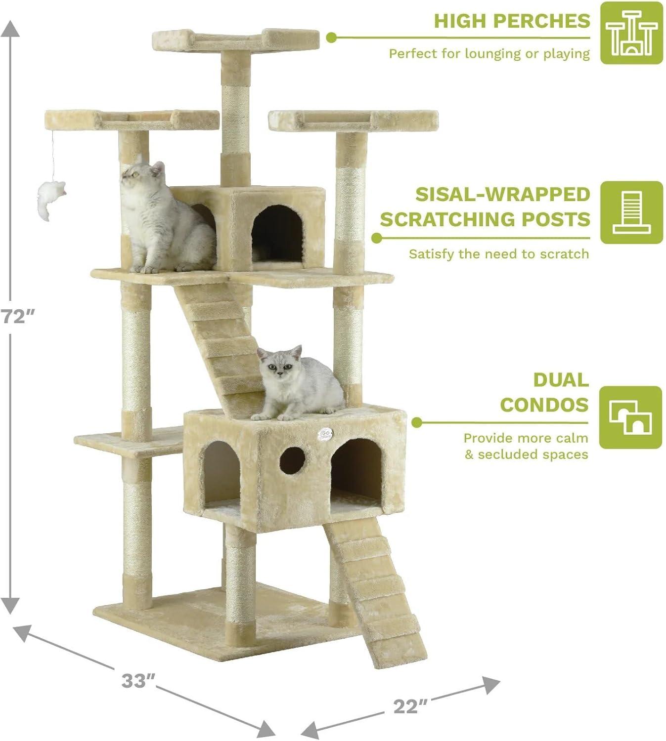 Go Pet Club 72-in Cat Tree & Condo Scratching Post Tower, Brown