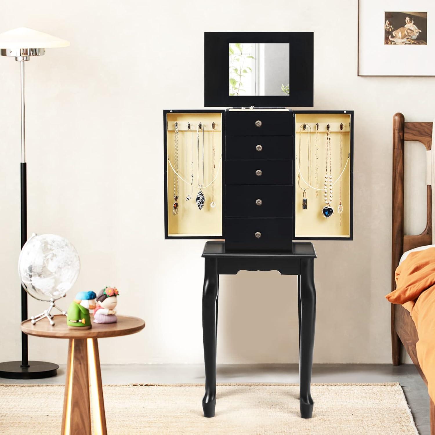 Giantex Jewelry Cabinet Armoire with Top Mirror, 5 Drawers, 2 Swing Doors, Wooden Jewelry Treasure Storage Chest with Large Storage, Standing Jewelry Organizer (Black)