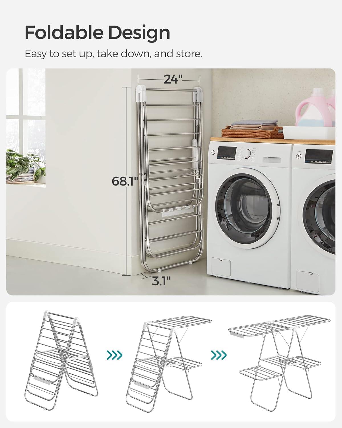 Foldable White and Silver 2-Level Clothes Drying Rack