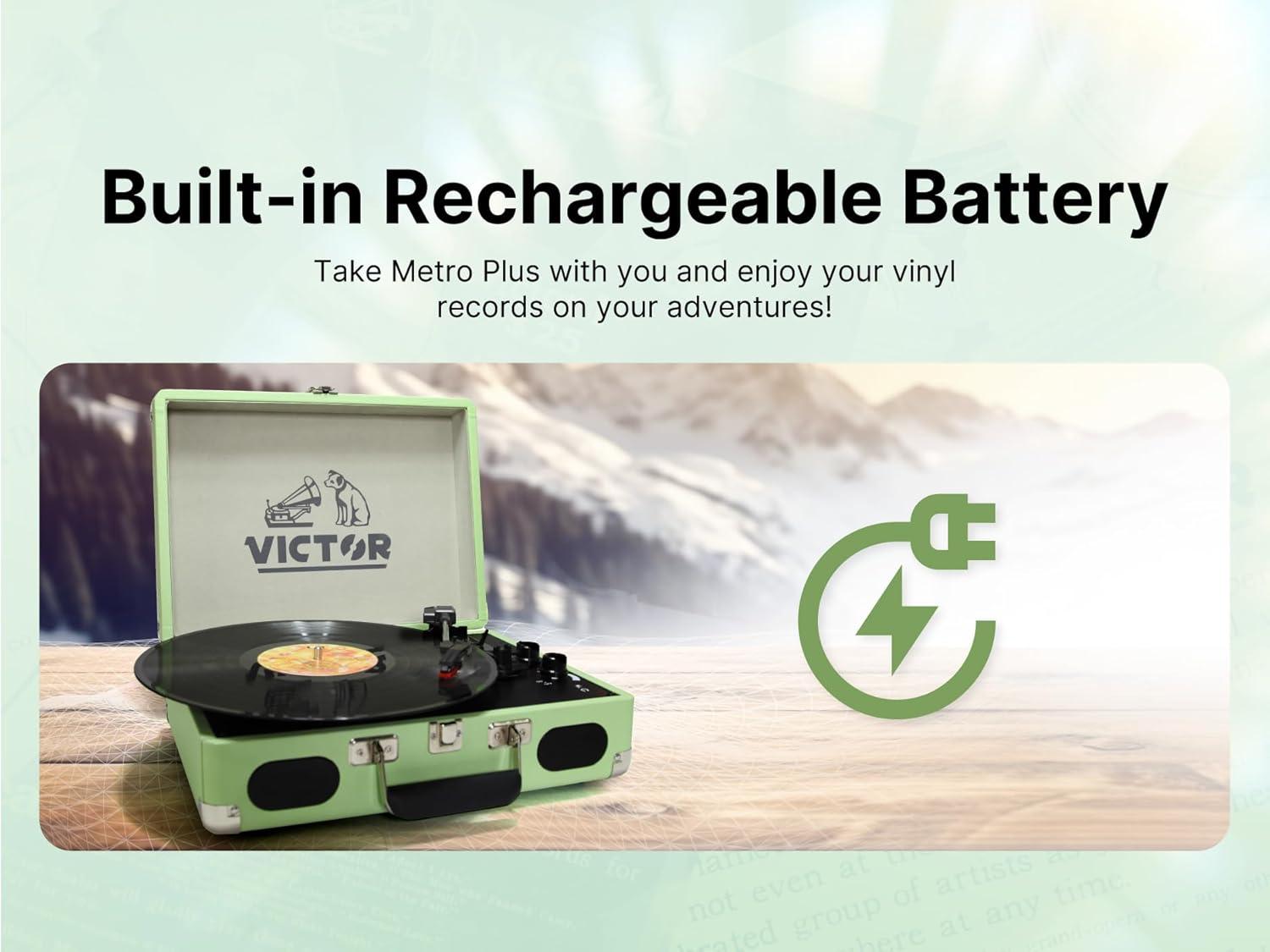 Victor Metro Plus Battery-Powered Bluetooth Suitcase Turntable | 3-Speed Vinyl Record Player with Built-in Stereo Speakers, Rechargeable Battery, RCA Output, Aux Input, and 45 RPM Adaptor, VSRP-850B