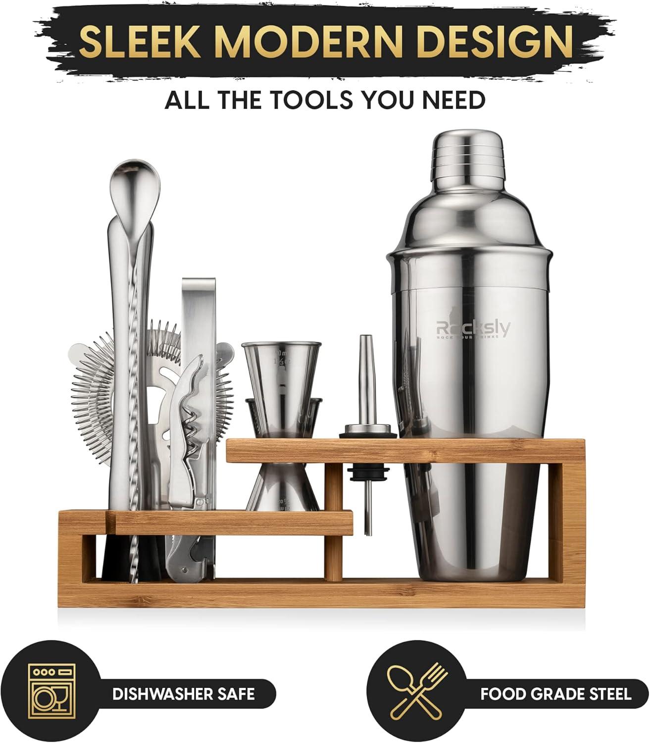 Cocktail Shaker Set, Mixology Bartender Kit 10-Piece Bar Tool Set with Stylish Bamboo Stand, Bar kit: Matini Shaker Mixing Spoon Muddler Jigger Cocksrew for Barware Set