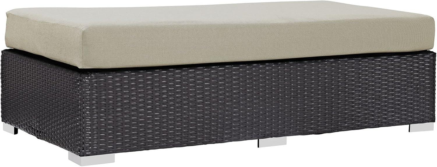 Espresso Beige Rectangular Rattan Patio Ottoman with Fabric Cushion