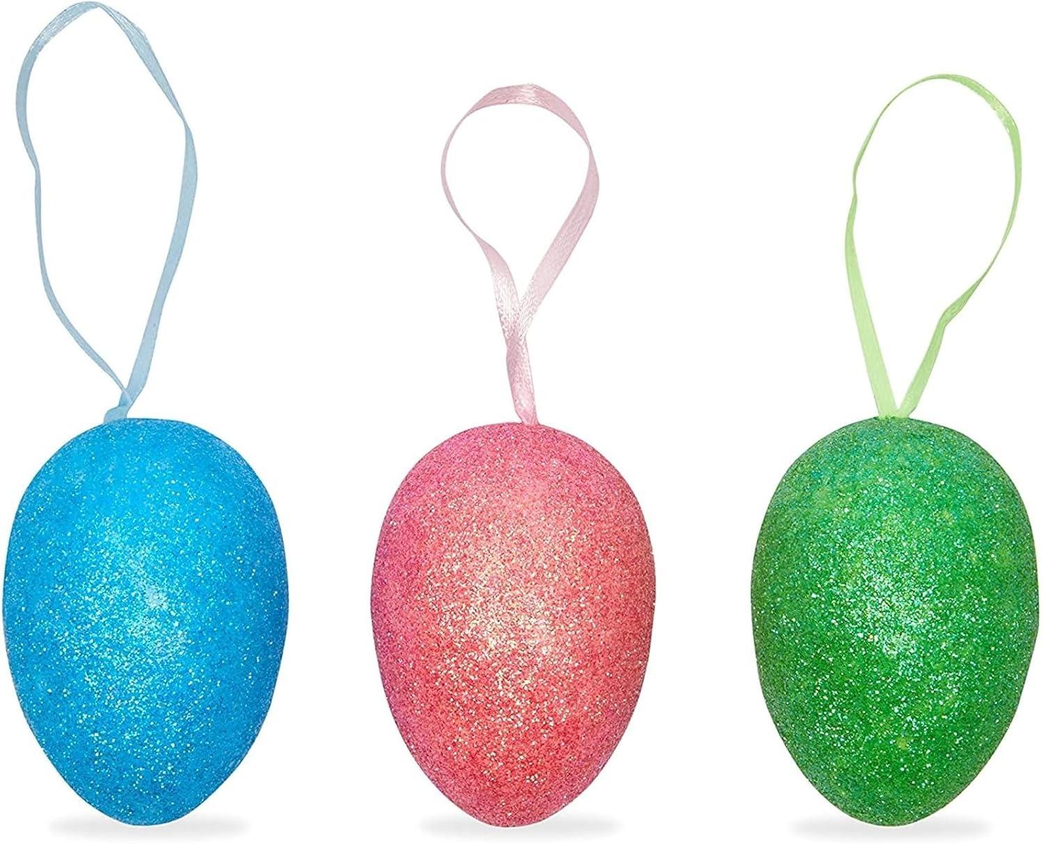 36 Pack Easter Egg Ornaments in 6 Sparkle Colors - Glitter Foam Hanging Easter Eggs for Easter Tree Decorations, Basket Filler, Home Party, DIY Crafts