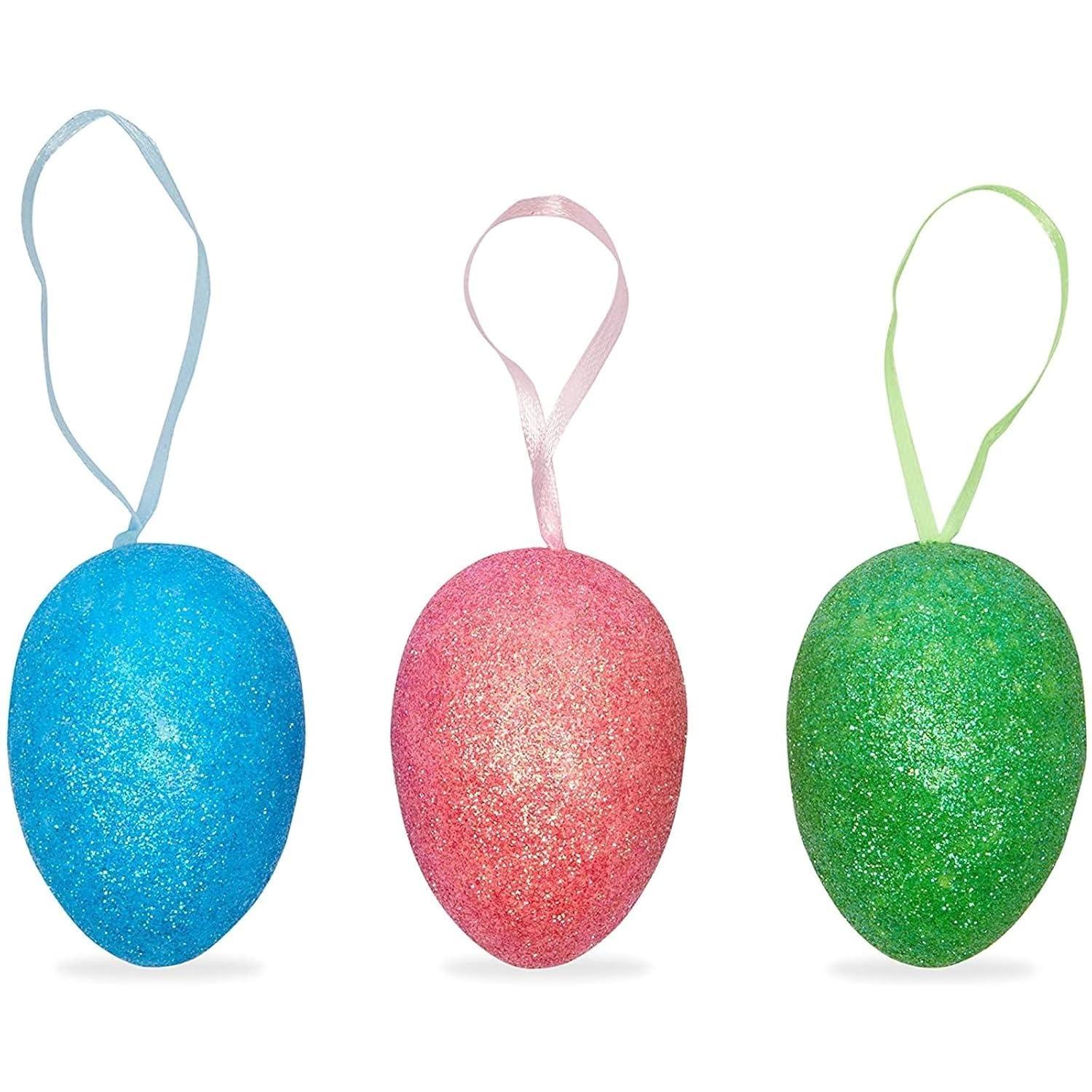 36 Pack Easter Egg Ornaments in 6 Sparkle Colors - Glitter Foam Hanging Easter Eggs for Easter Tree Decorations, Basket Filler, Home Party, DIY Crafts