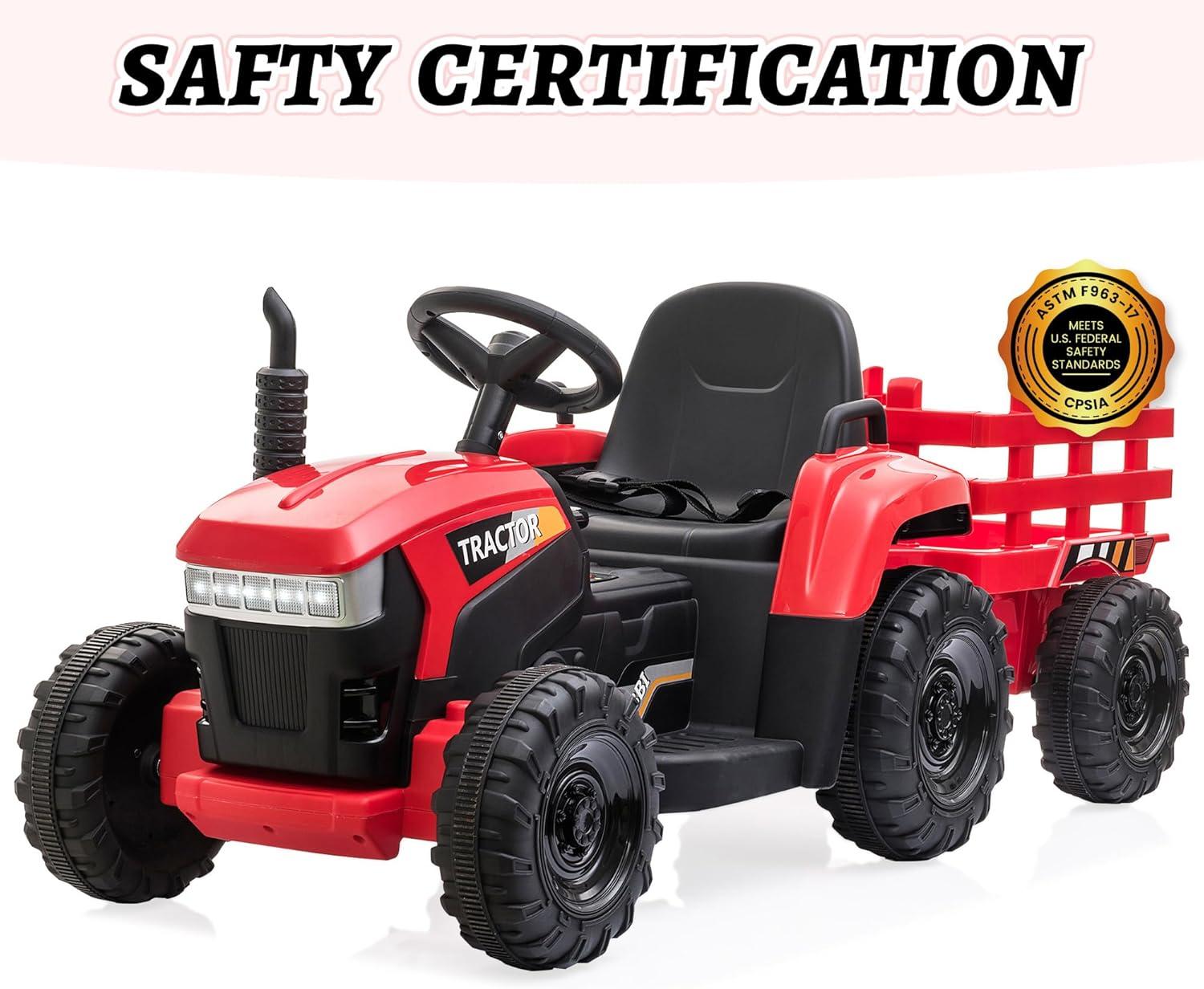 12V Kids Ride On Tractor with Trailer, Battery Powered Electric Car with Music, USB, Music, LED Lights