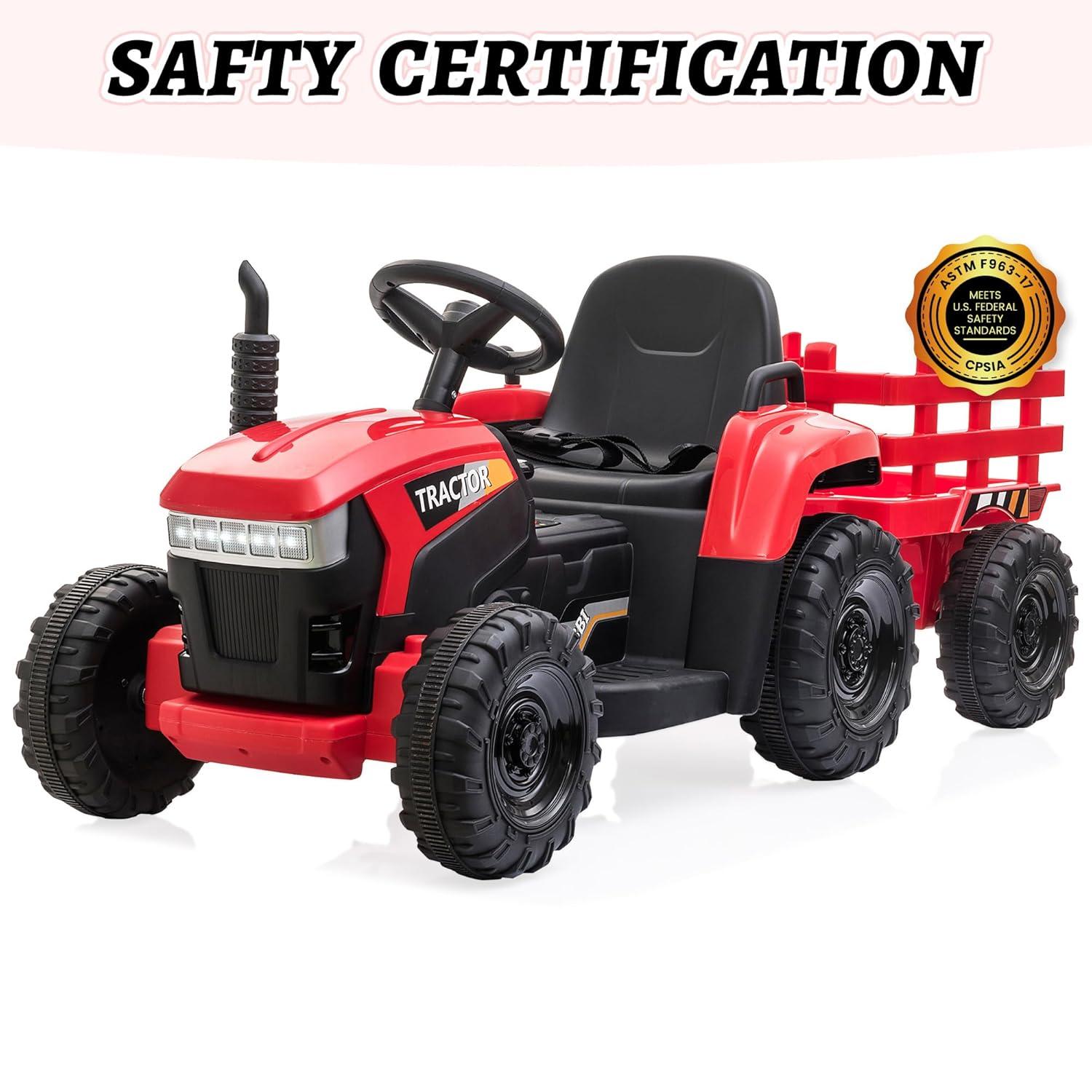 12V Kids Ride On Tractor with Trailer, Battery Powered Electric Car with Music, USB, Music, LED Lights