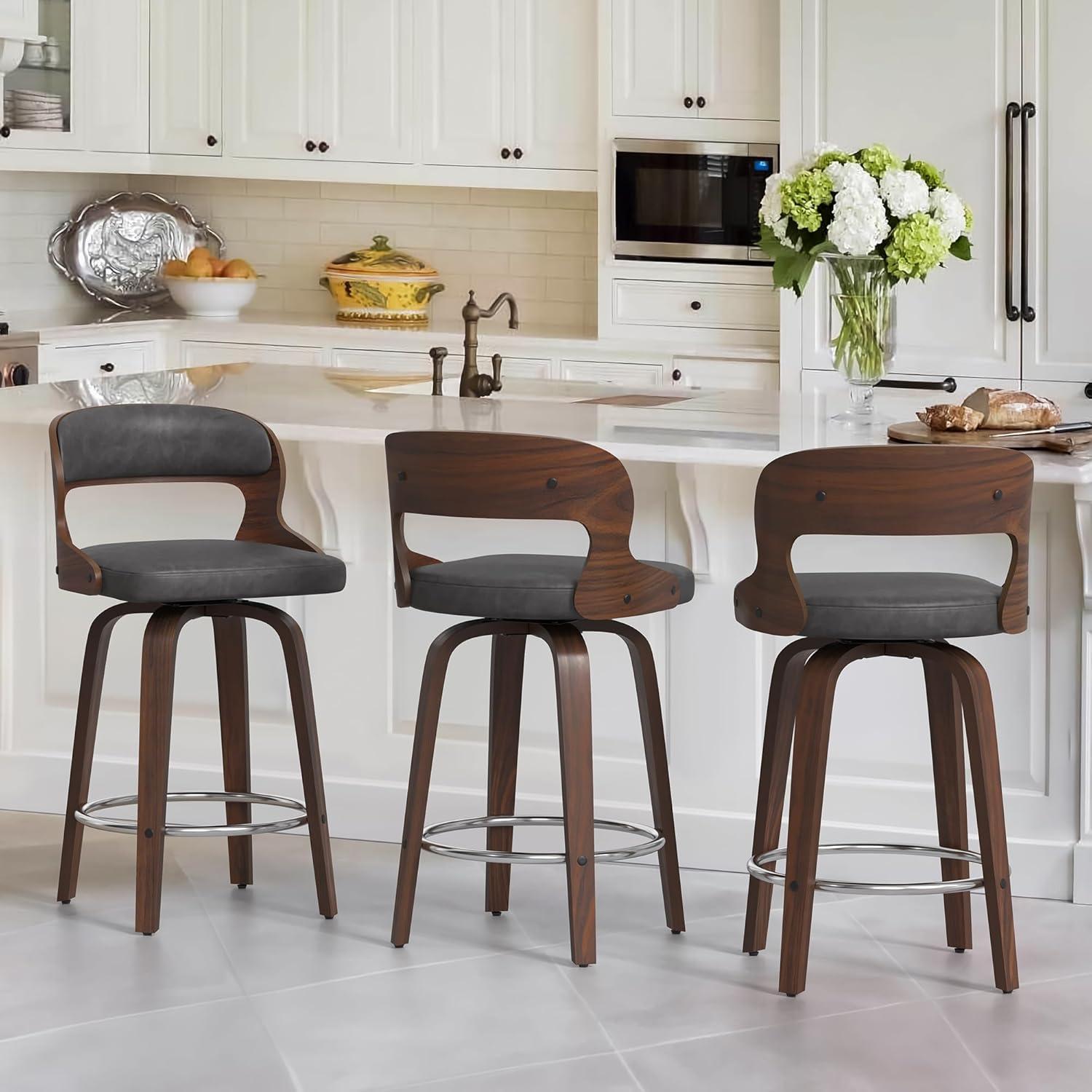 Dycanpo 26”Bar Stools Swivel, Wood Counter Height Bar Stools Set of 3 for Home Kitchen, Gray