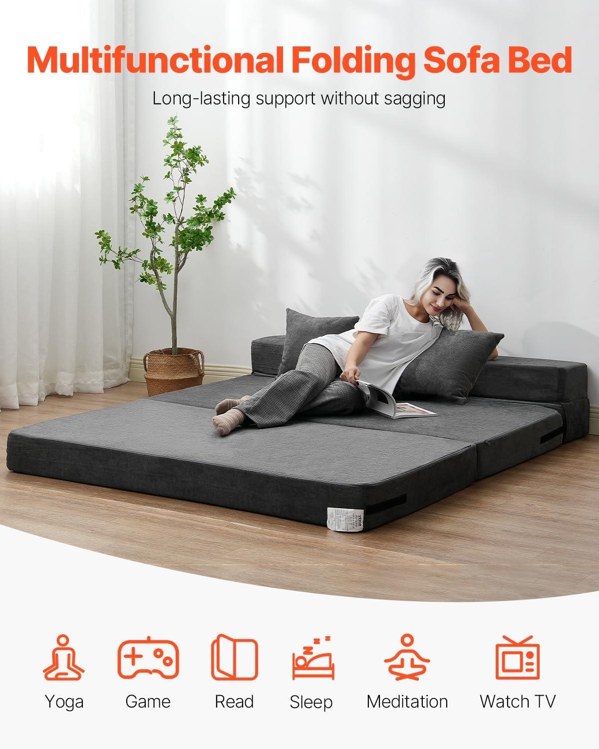 VEVOR Folding Sofa Bed, 3-in-1 Foldable Couch Bed with 2 Pillows and Washable Cover, 25D High Density Memory Foam Sleeper Chair Bed, Dark Grey(Queen)