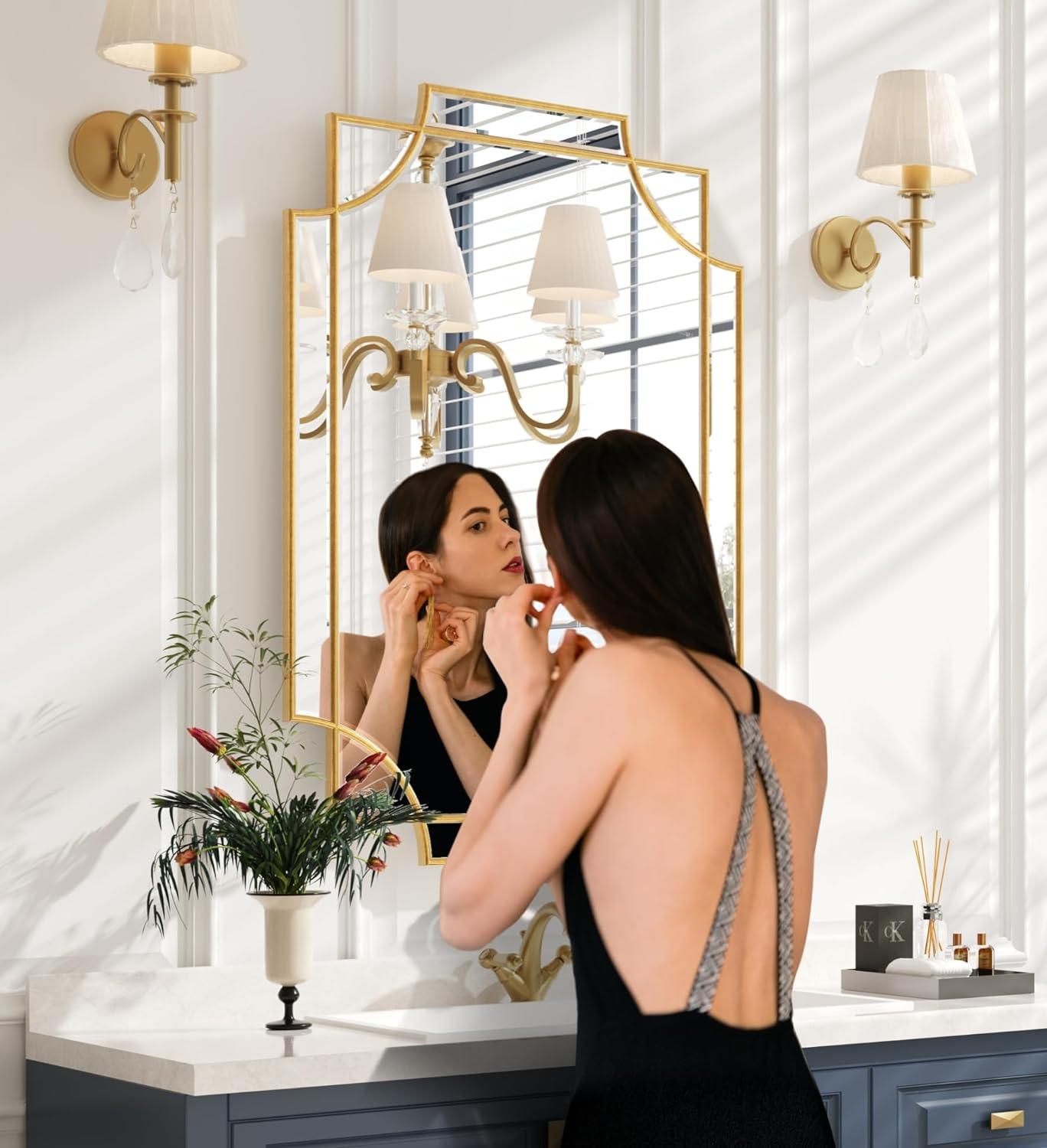 Kelly Miller Gold Bathroom Mirror for Wall, 24"x36" Large Decorative Mirror Gold Wall Mirror Vanity Mirror Beveled Wall Decor for Master Bath Half Bath Living Room Bedroom Fireplace Mantle Entryway