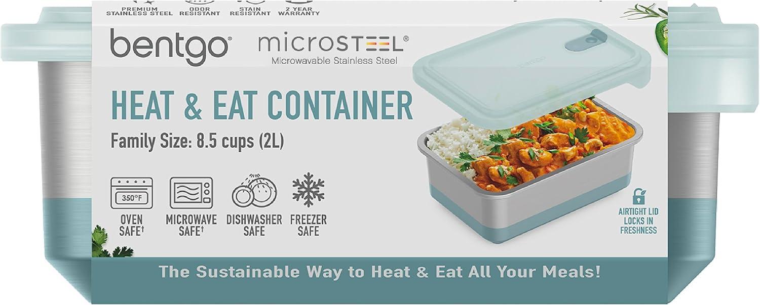 Bentgo Microsteel Heat and Eat Container Aqua: Leakproof Lunch & Snack Storage, BPA-Free, Dishwasher Safe, 8.5 Volume