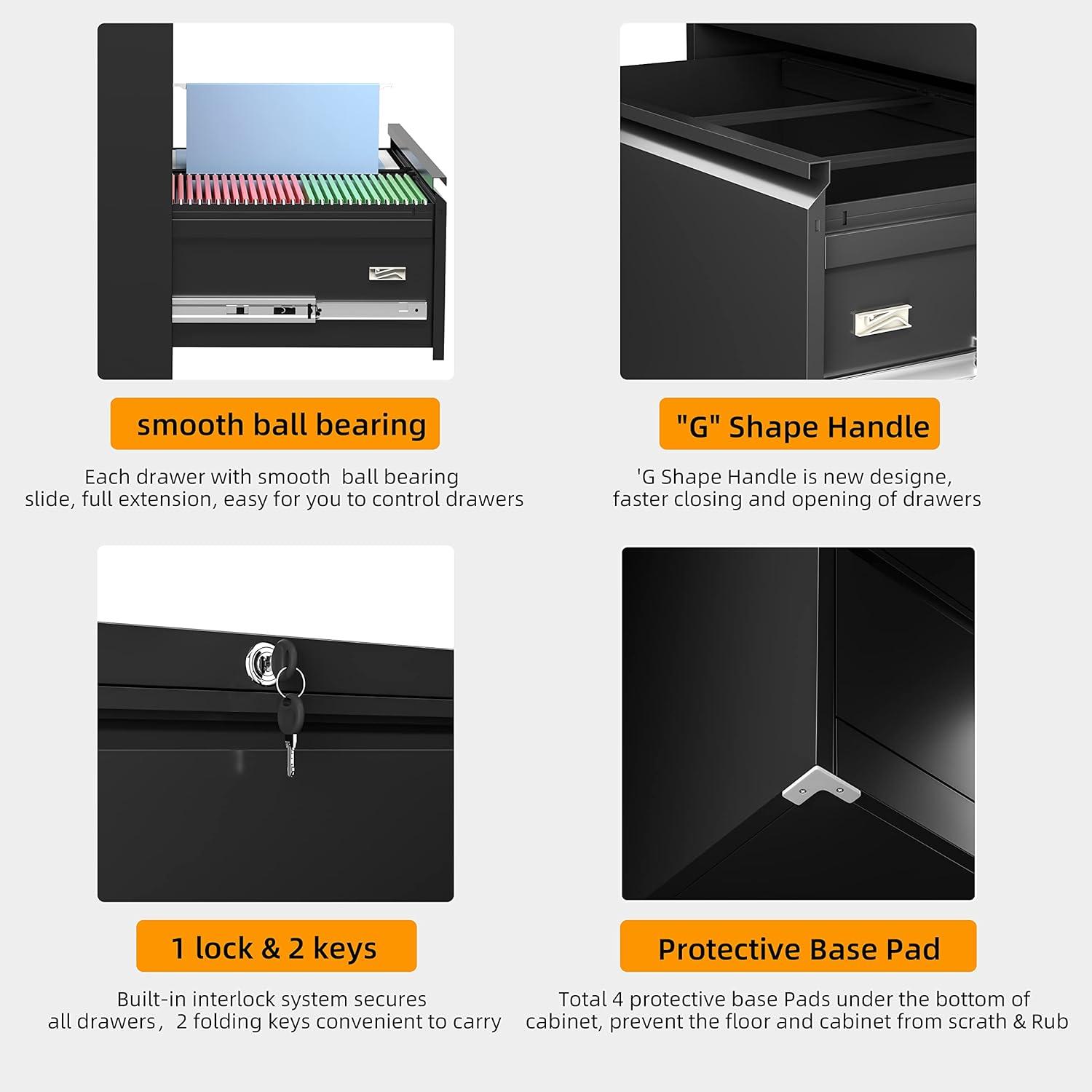 Black Metal 2-Drawer Lockable Lateral Filing Cabinet