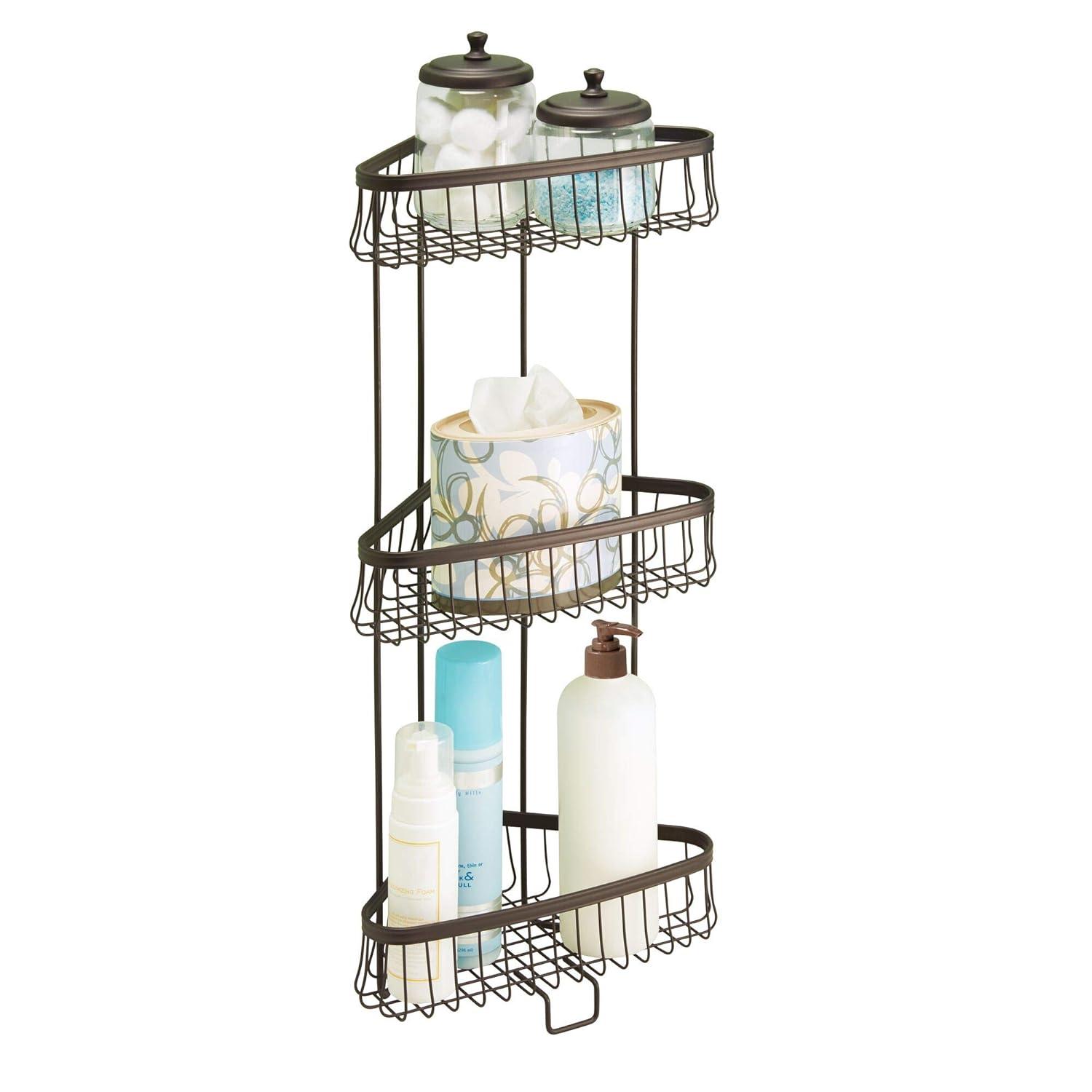InterDesign iDesign York Metal Wire Corner Standing Shower Caddy 3-Tier Bath Shelf Baskets for Towels, Soap, Shampoo, Lotion, Accessories, Bronze