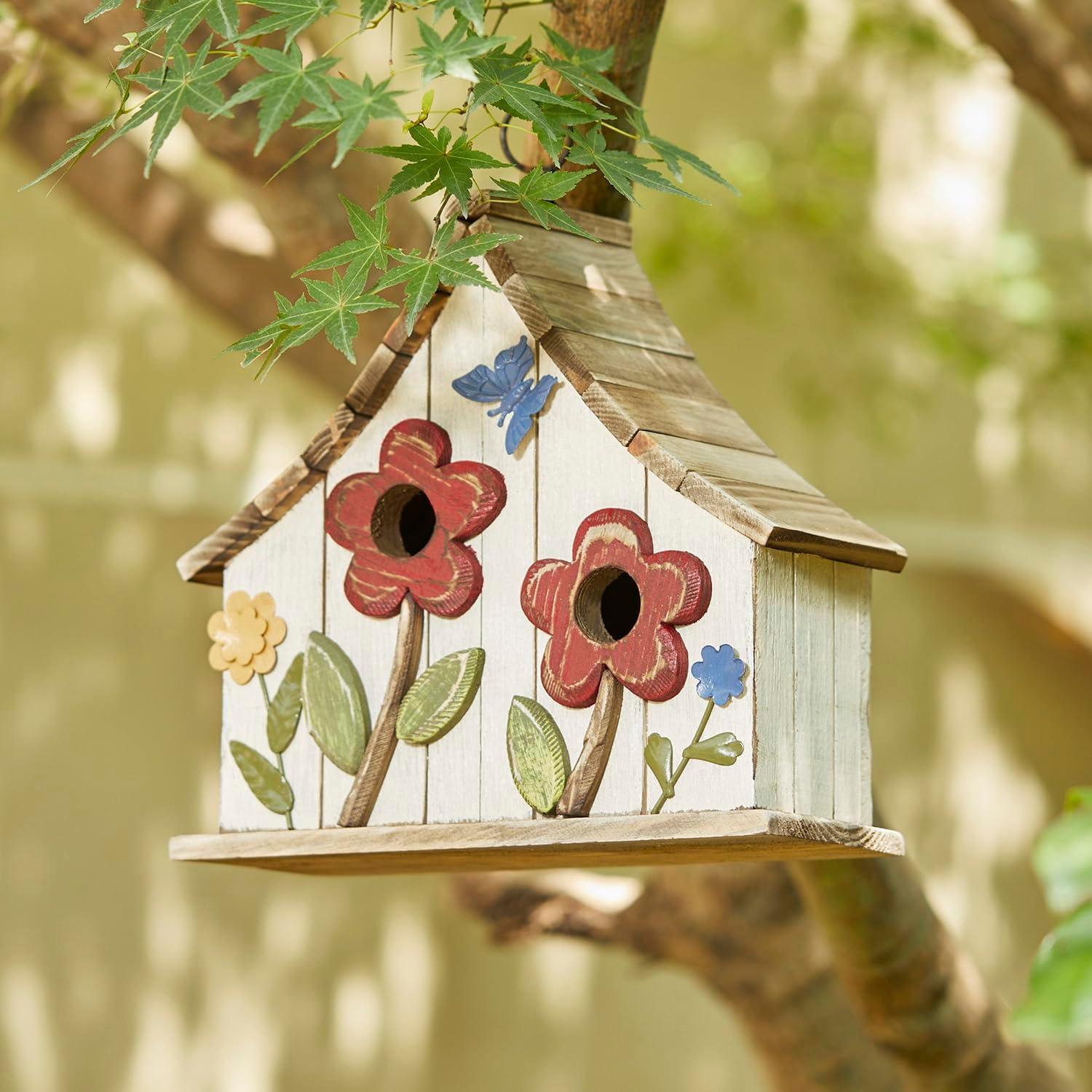 Distressed White Wooden Two-Story Garden Birdhouse with 3D Flowers