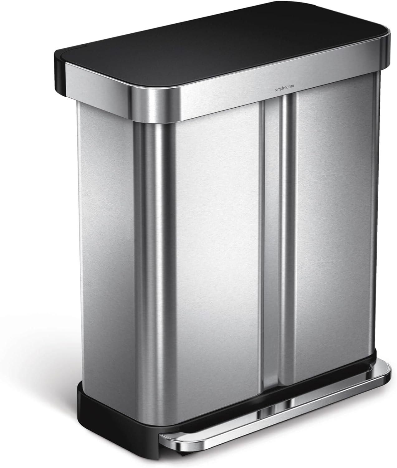 Simplehuman 58L / 15.3 Gallon Hands-Free Dual Compartment Recycling Kitchen Step Trash Can with Lid