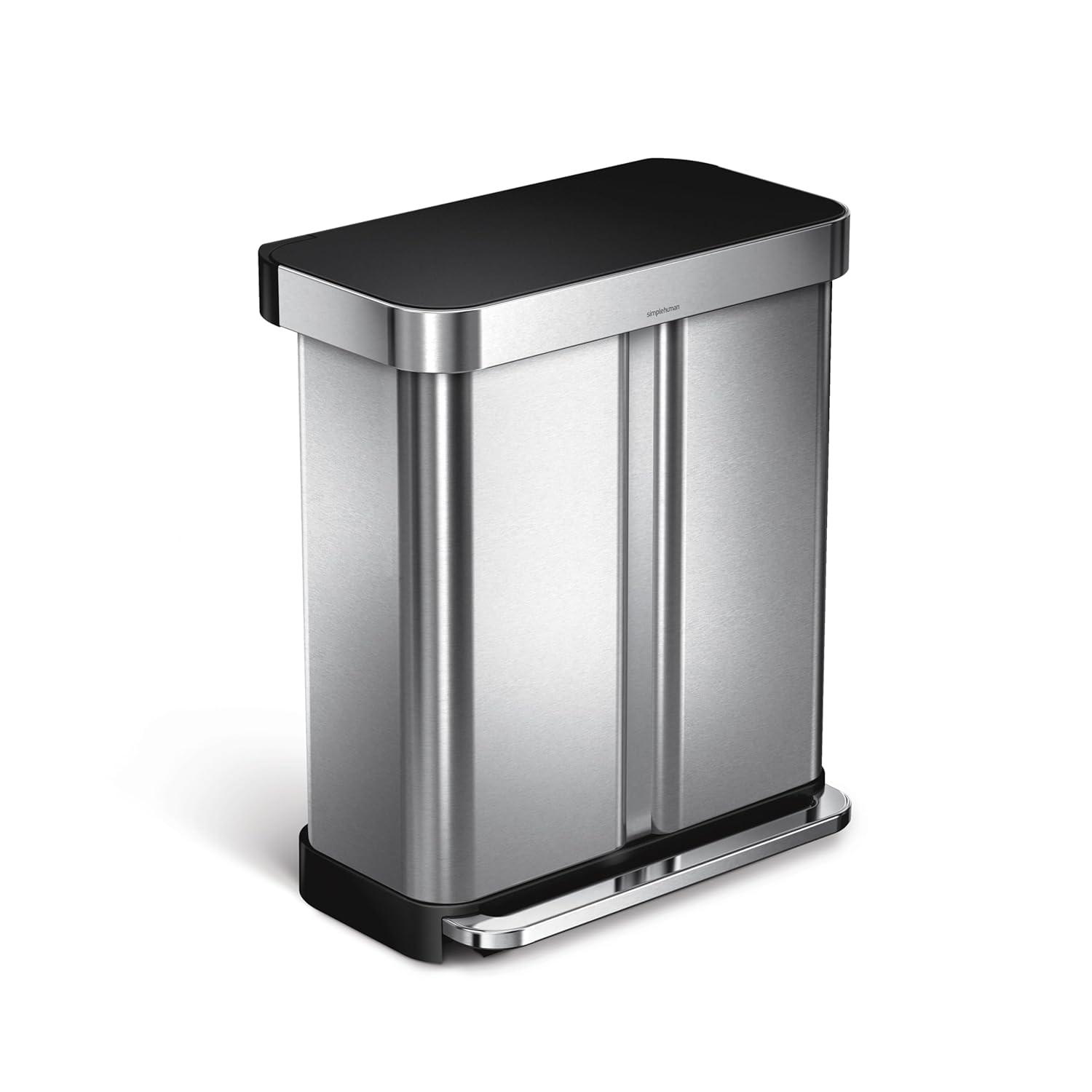 Simplehuman 58L / 15.3 Gallon Hands-Free Dual Compartment Recycling Kitchen Step Trash Can with Lid