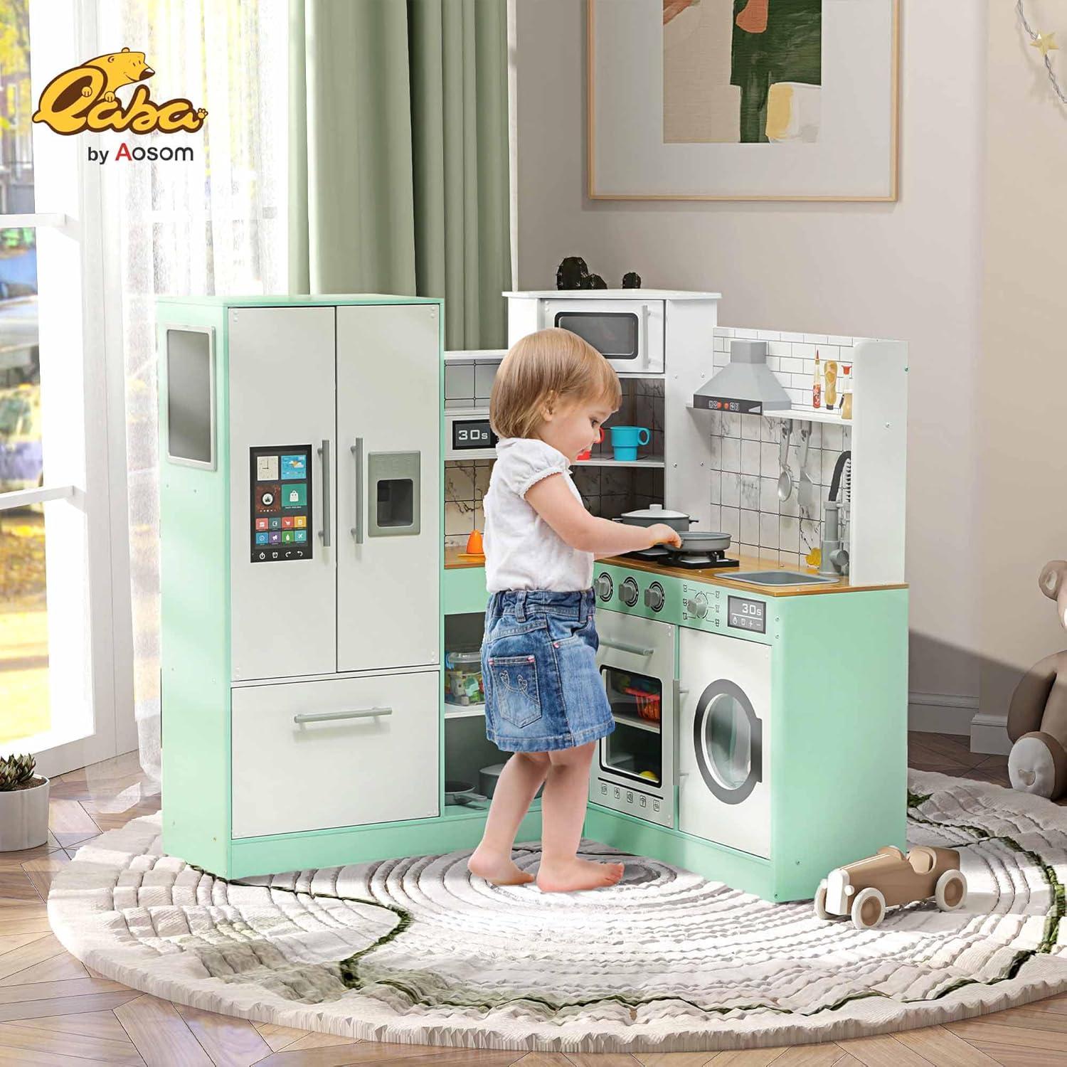 Qaba Play Kitchen, Corner Kids Kitchen Playset with Chalkboard, Range Hood, Ice Maker, Stove, Refrigerator Microwave, Realistic Sound & Lights, Pots, Gift for Toddlers Ages 3+ Years Old