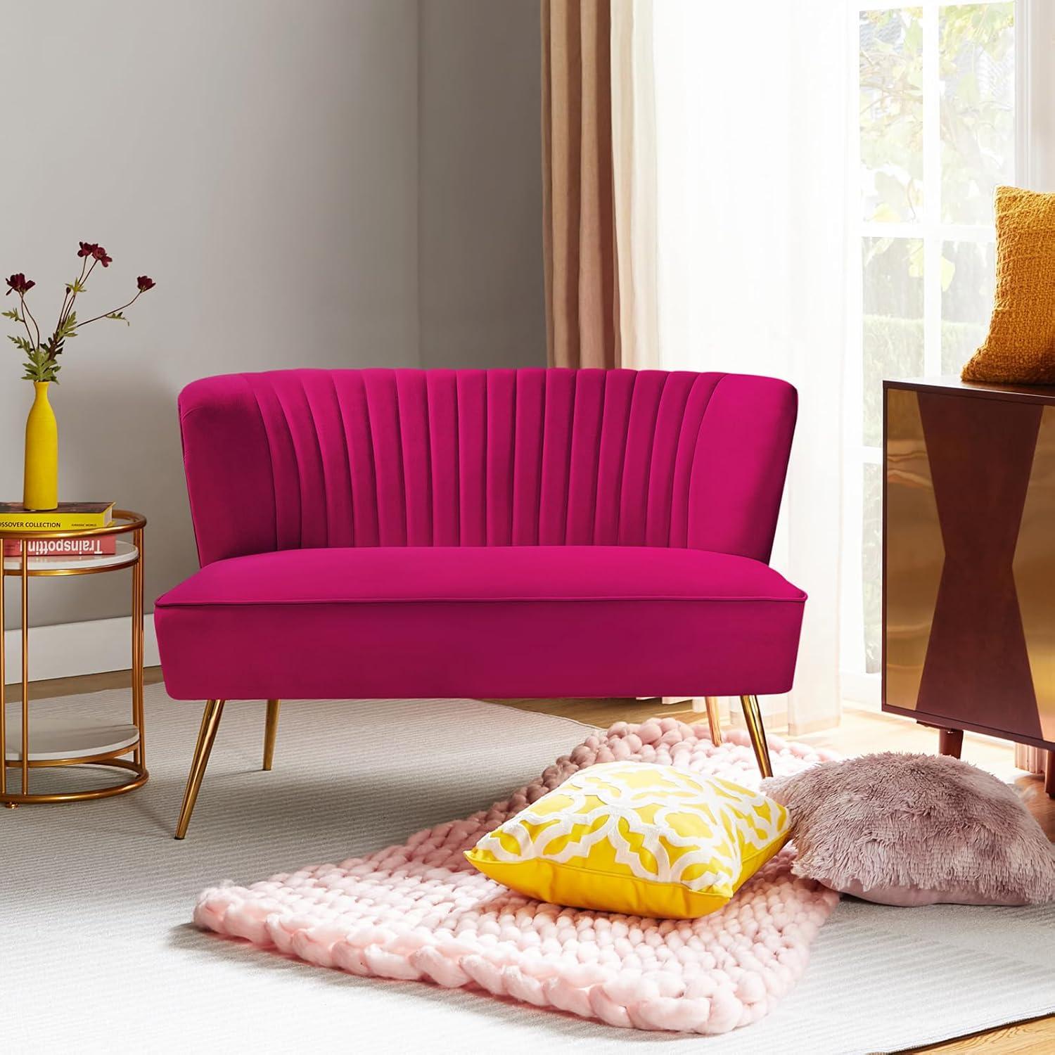 HULALA HOME Monica Modern Velvet Curved Tufted Back Loveseat with Metal Tapered Legs by  FUCHSIA