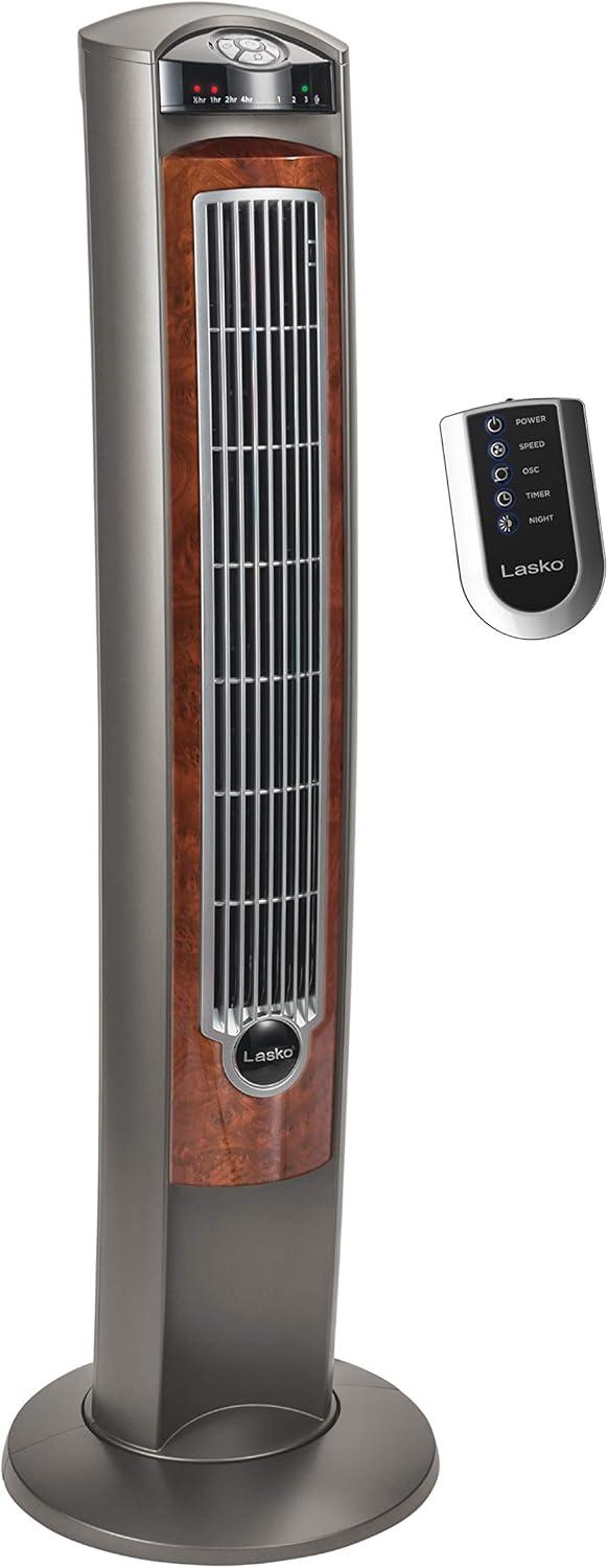 Lasko 42" Wind Curve Tower Fan with Nighttime Setting, Timer and Remote, Gray/Brown, T42954, New