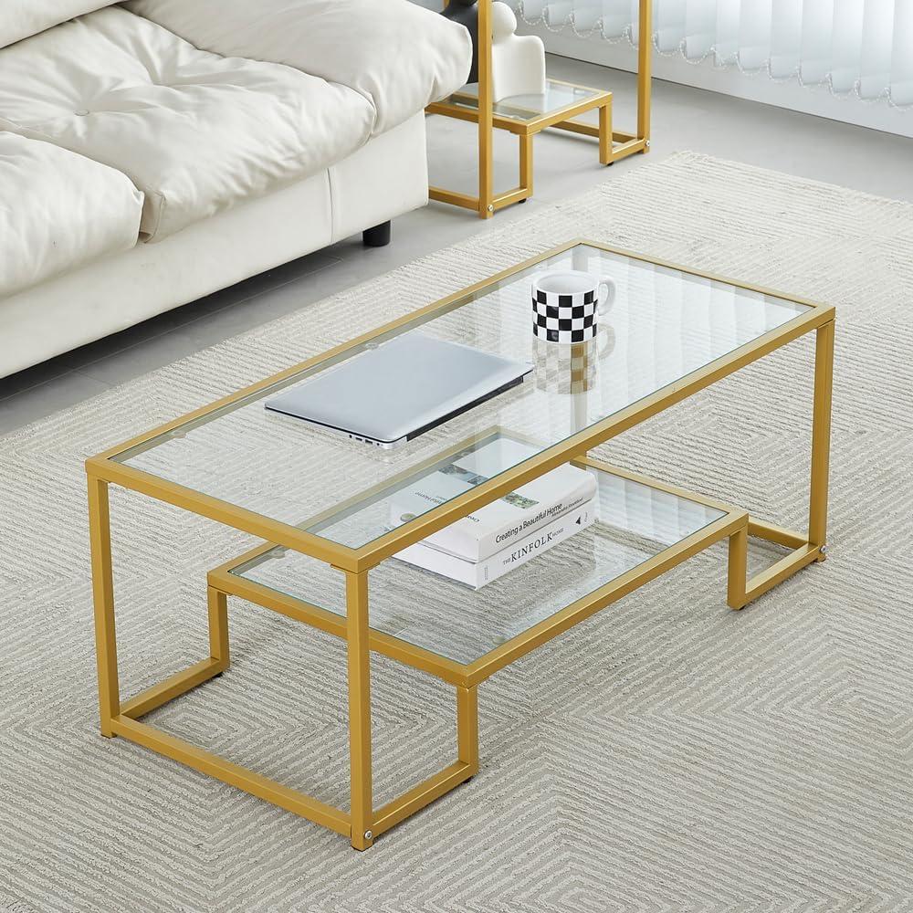 End Table with 2 Layers of Acrylic Glass, Sofa Side Bedside Table with Open Storage Shelf, Small Bedside Table for Living Room, Bedroom, Living Room, Office