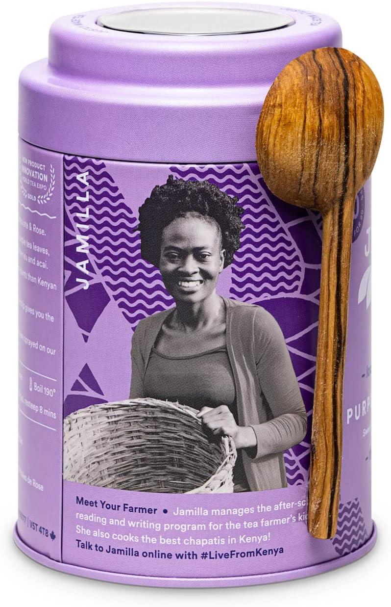 JusTea PURPLE CHOCOLATE | Loose Leaf Purple Tea with Hand Carved Tea Spoon | 40+ Cups (3.5oz) | Very Low Caffeine | Award-Winning | Fair Trade | Non-GMO