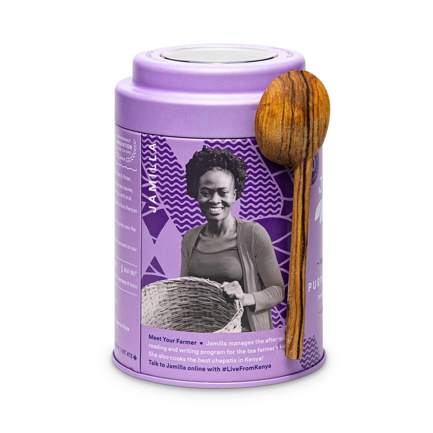 JusTea PURPLE CHOCOLATE | Loose Leaf Purple Tea with Hand Carved Tea Spoon | 40+ Cups (3.5oz) | Very Low Caffeine | Award-Winning | Fair Trade | Non-GMO