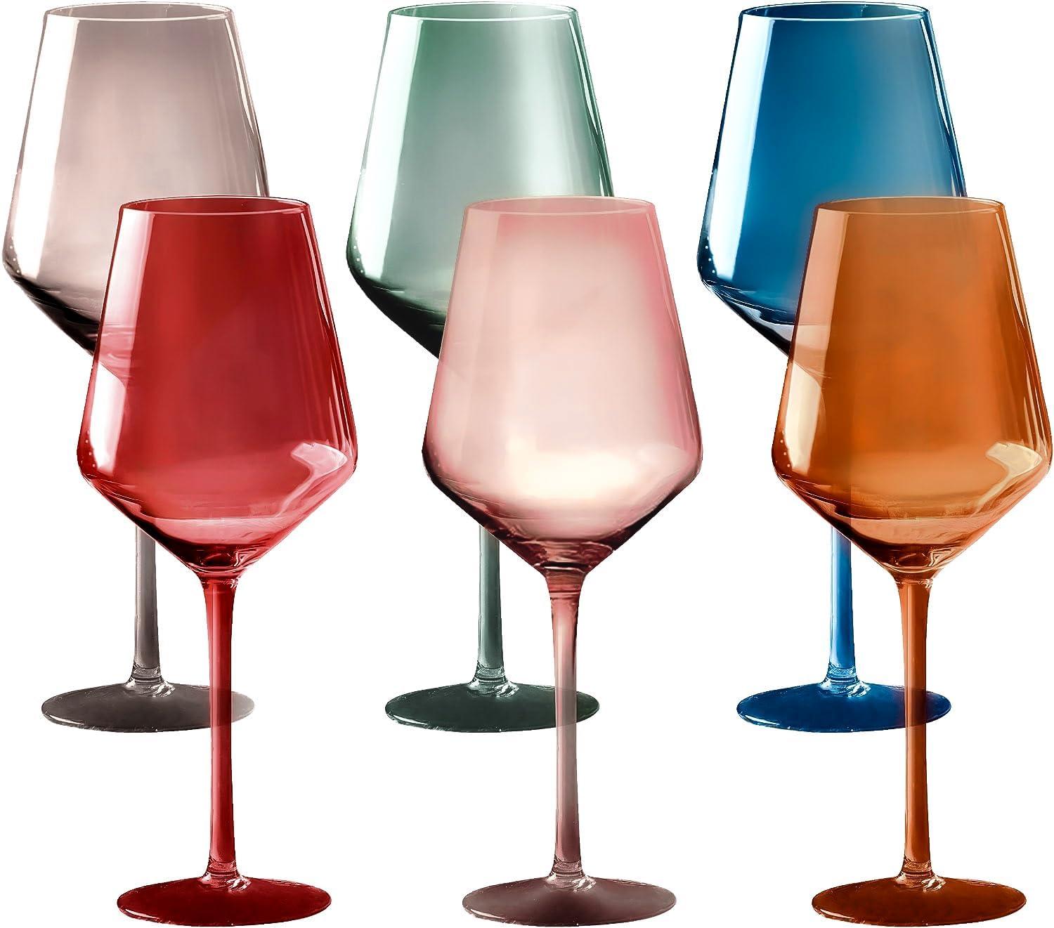 Set of 6 Multi-Colored Hand-Blown Crystal Wine Glasses