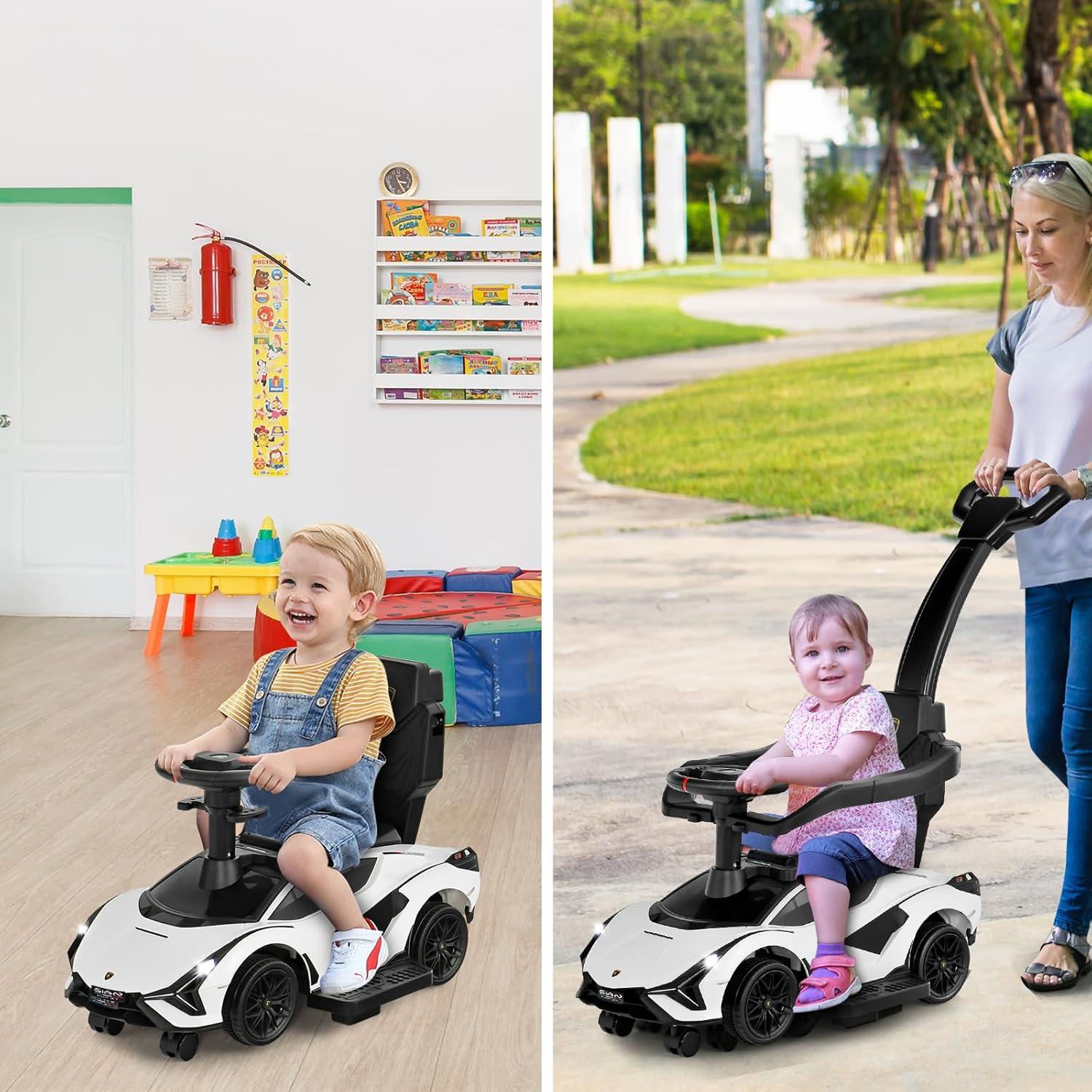 OLAKIDS 3 In 1 Ride on Push Car, Licensed Lamborghini Stroller Sliding Walking Car with Push Handle, Music, USB, Headlight, Under Seat Storage, Kids Foot-to-Floor Toy for 18-60 Months