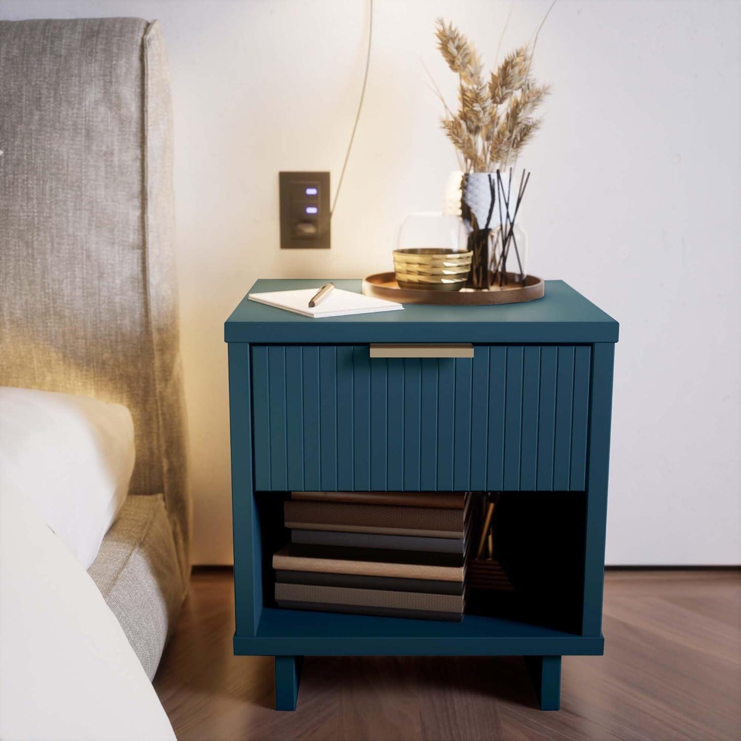 Manhattan Comfort Granville Modern 1 Drawer Nightstand Midnight Blue: Wood Frame, Storage Shelf, 30 Day Warranty