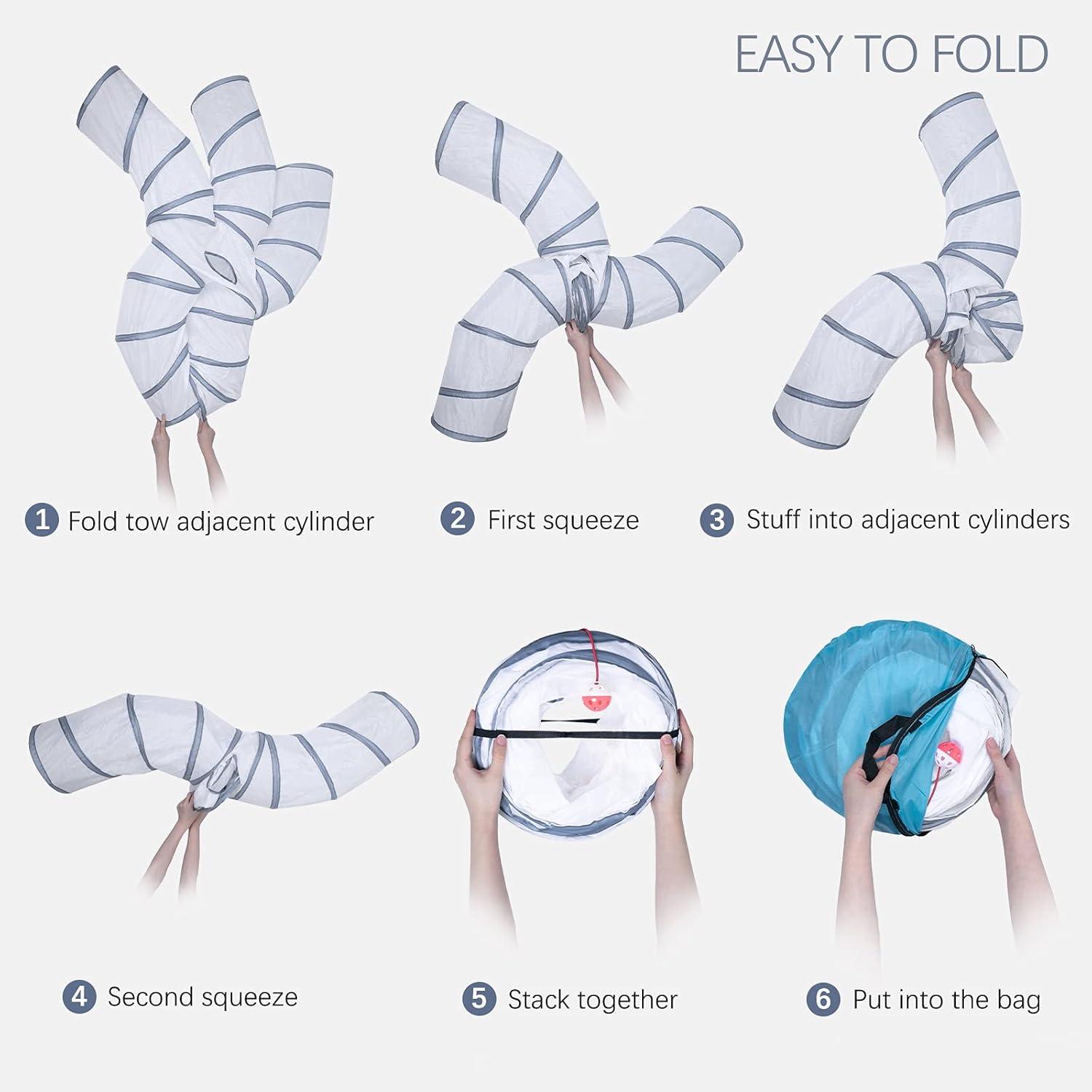 EGETOTA Cat Tunnel for Indoor Cats Large, with Play Ball S-Shape 4 Way Collapsible Interactive Peek Hole Pet Tube Toys, Puppy, Kitty, Kitten, Rabbit (S4 - White & Grey)