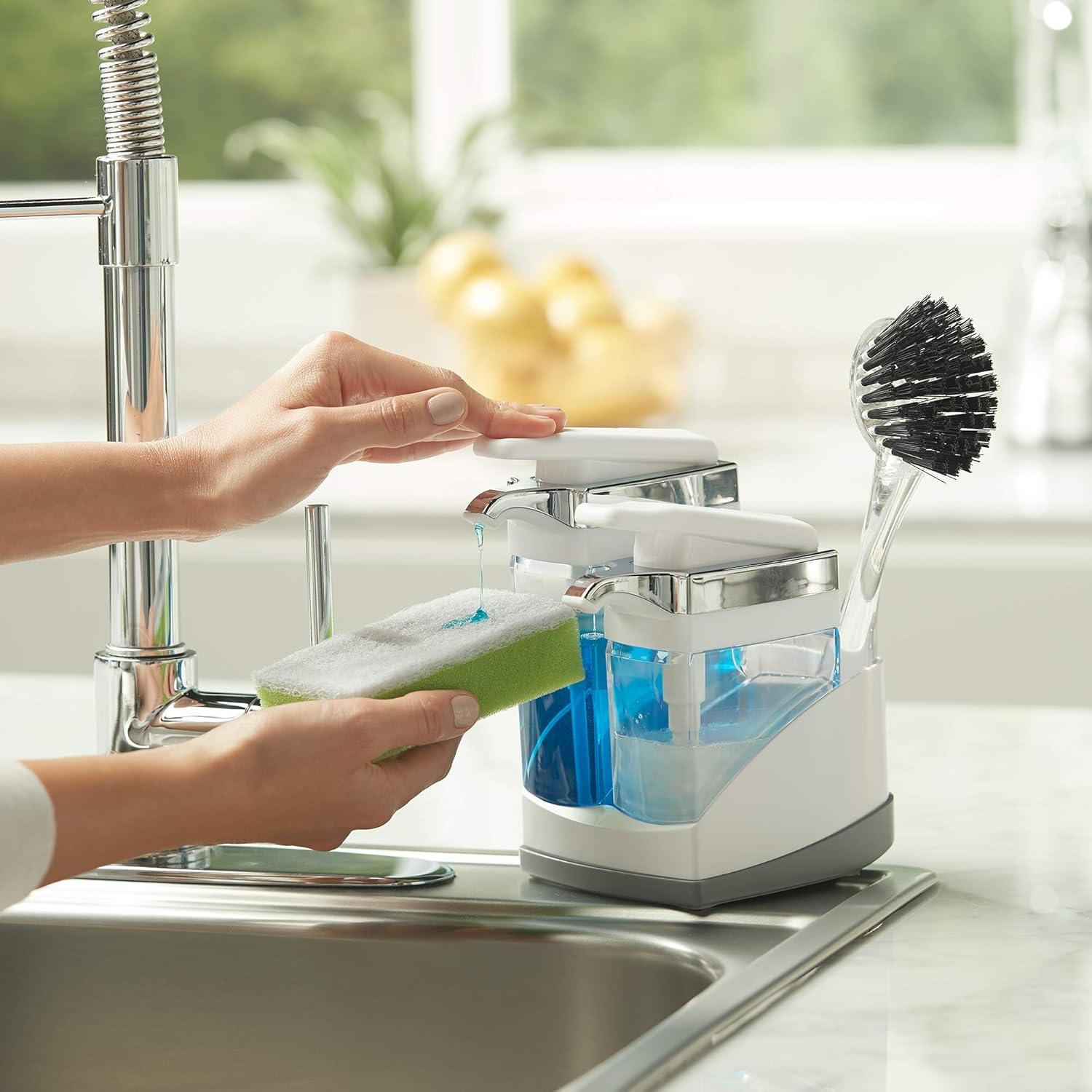 Casabella Sink Sider Duo Soap Dispensers with Sponge, for Dish & Hand Soap, Chrome Plating, White