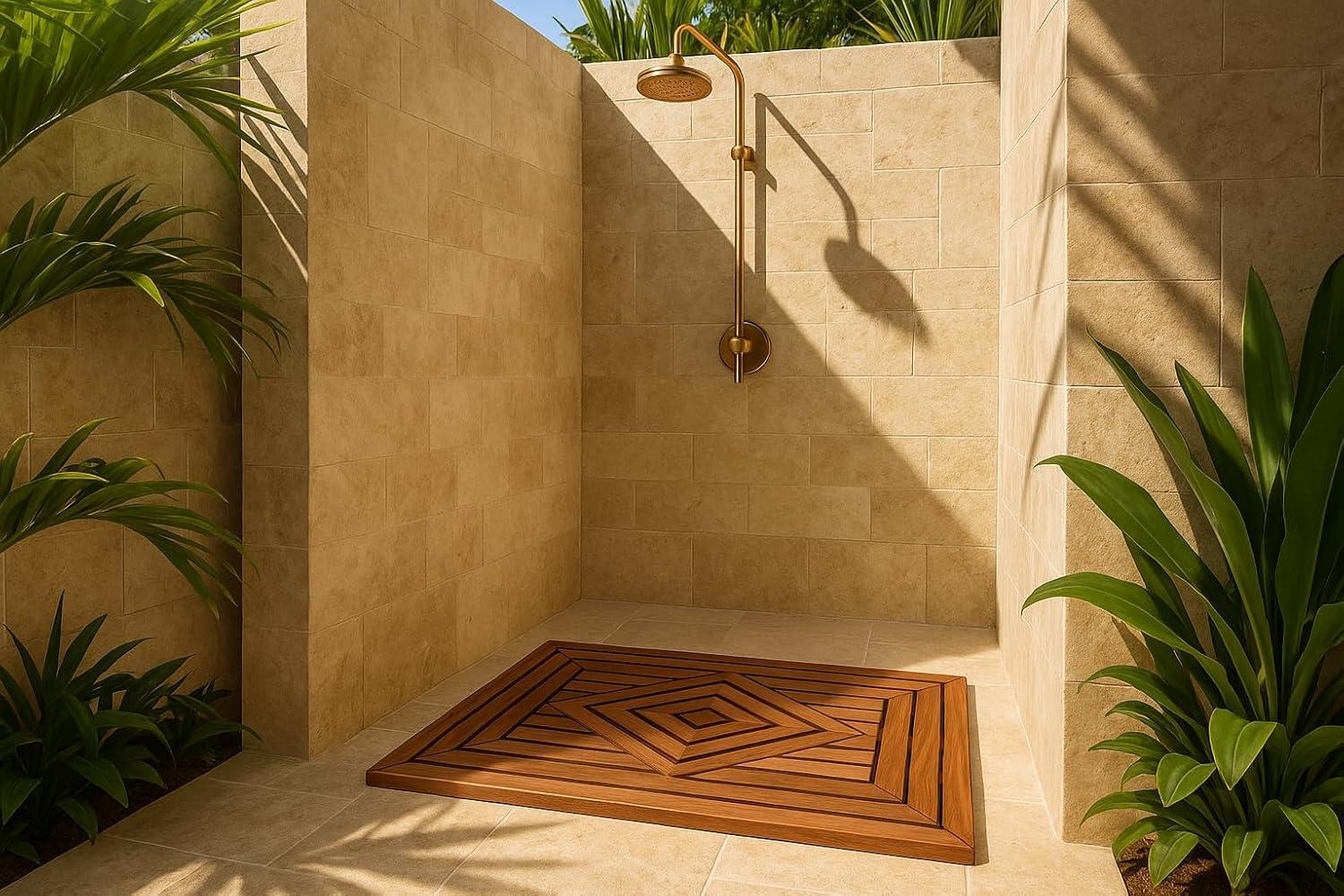Large Teak Shower Mat with Diamond Design, 31.5 Inches