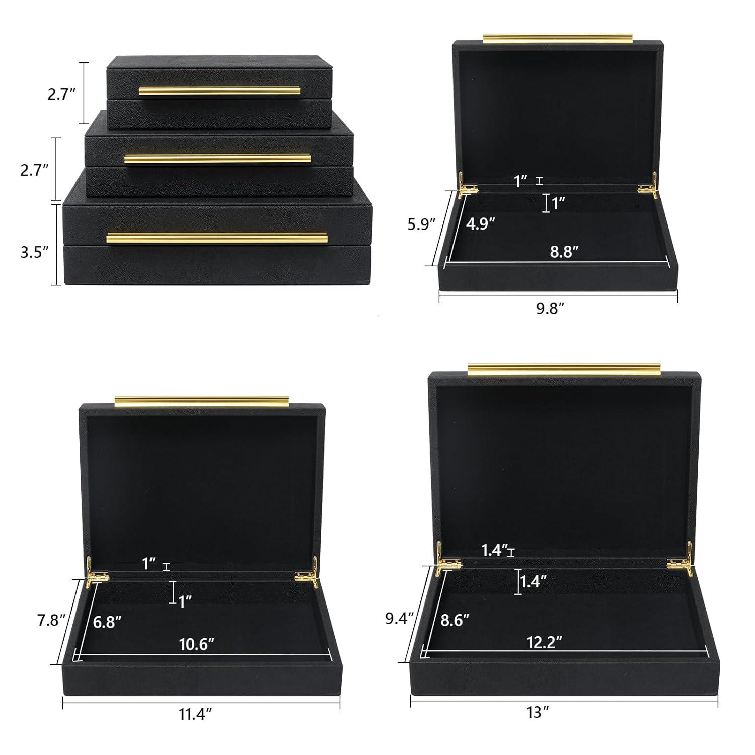Faux  Leather Decorative Jewelry Storage Nesting Organizer Boxes with Lids Gold Handle Set of 3, Black