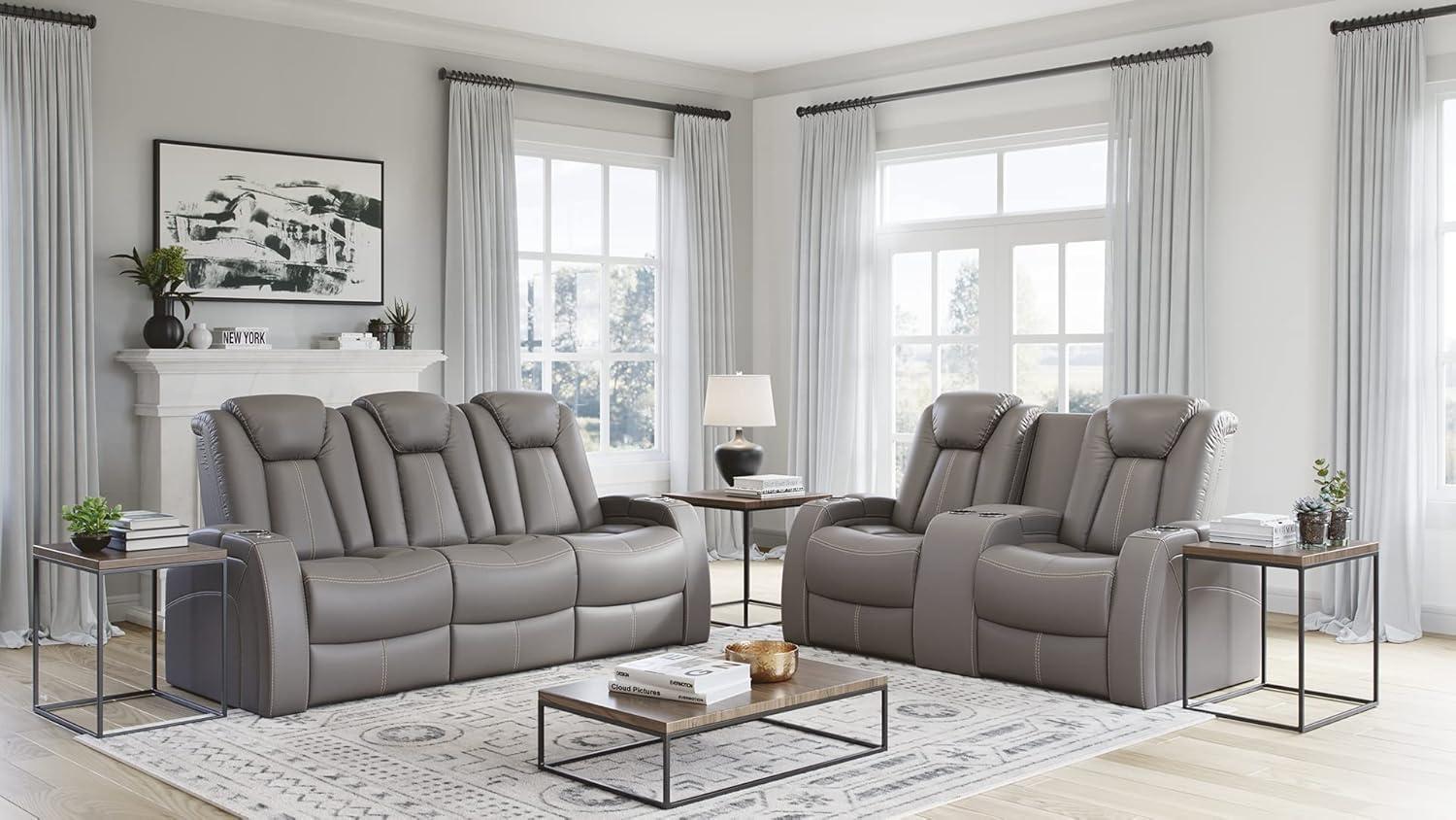 Seatcraft Republic Italian Leather Home Theater Furniture, Living Room, Power Headrest, Power Recline (Sofa with Fold-Down Table, Black)