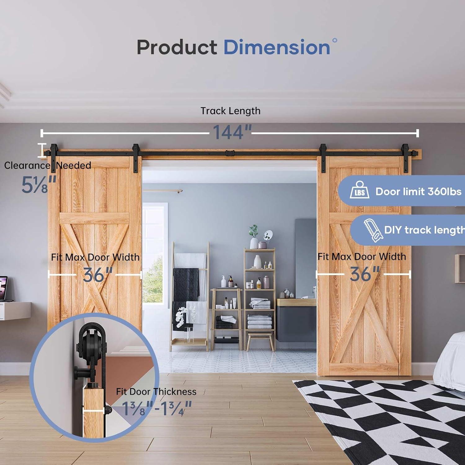 EaseLife 12 FT Double Door Sliding Barn Door Hardware Track Kit,Basic J Pulley,Heavy Duty,Slide Smoothly Quietly,Easy Install (12FT Track Kit for Double 36" Wide Door)
