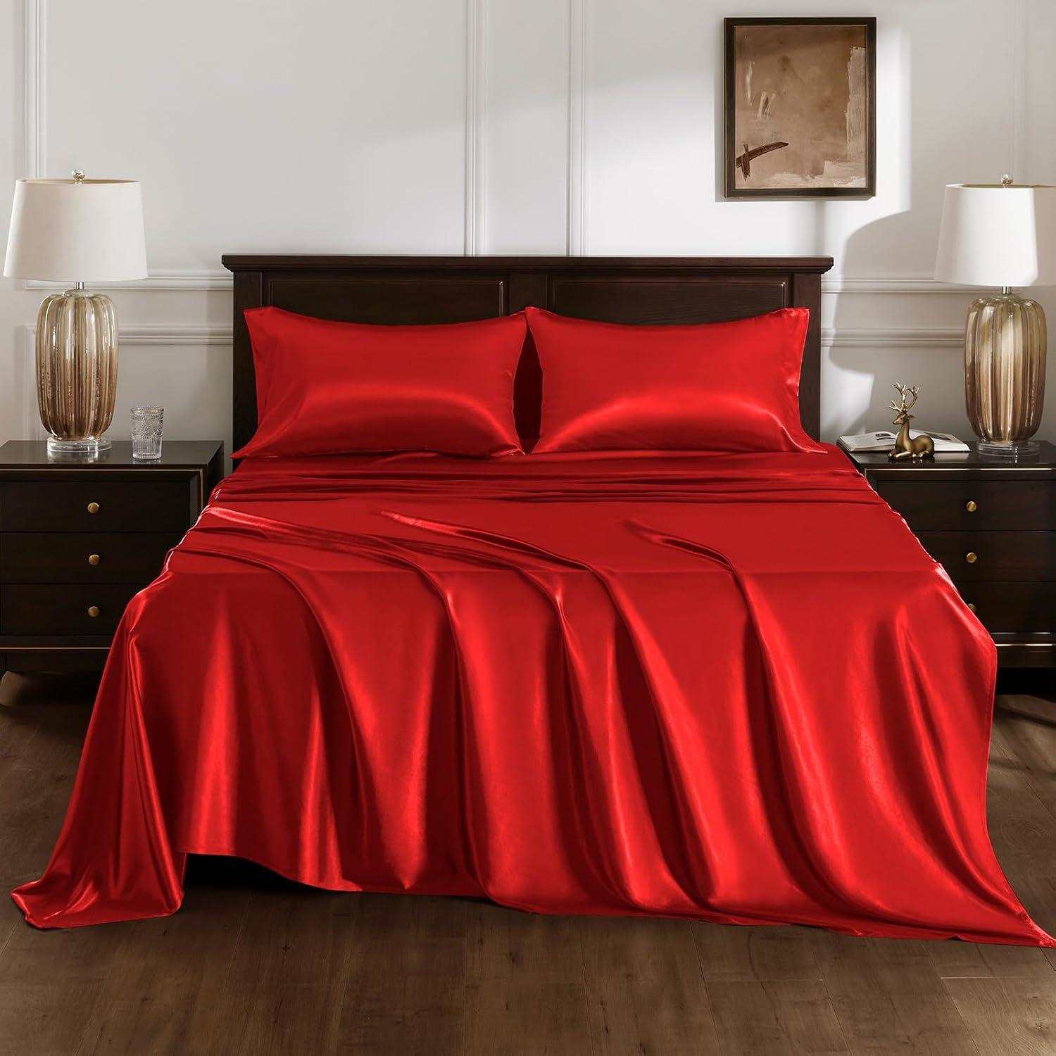 Cloud Fino Luxurious Satin Bed Sheets Burgundy Silk Sheets King 15 " Deep Pocket Pillowcases Sheet, 4-Piece