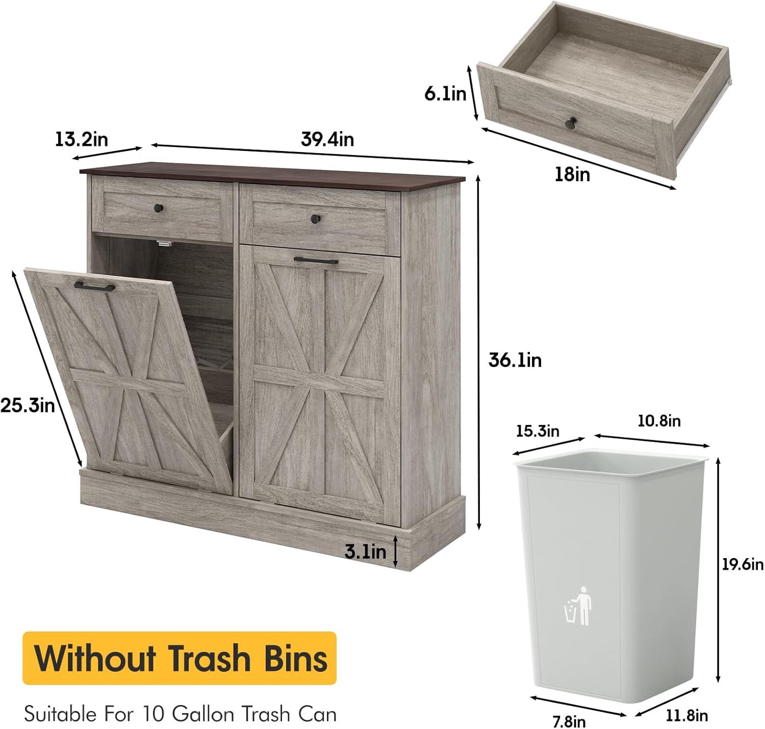 Vabches Kitchen Double Tilt Out Trash Cabinet, Hidden Storage Cabinet with 2 Drawers, Wash Grey