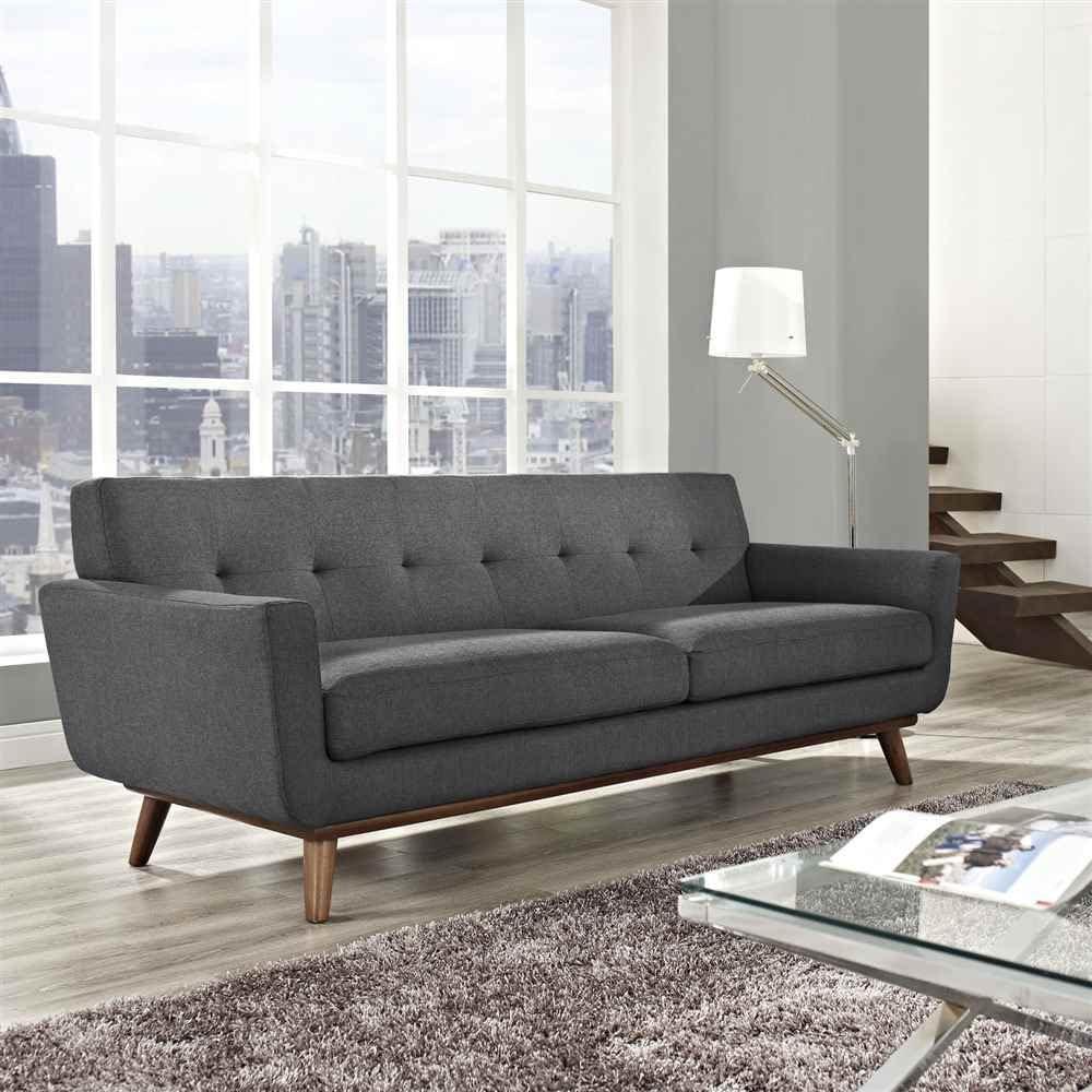 Engage Mid-Century Modern Gray Fabric Tufted Sofa with Wood Legs