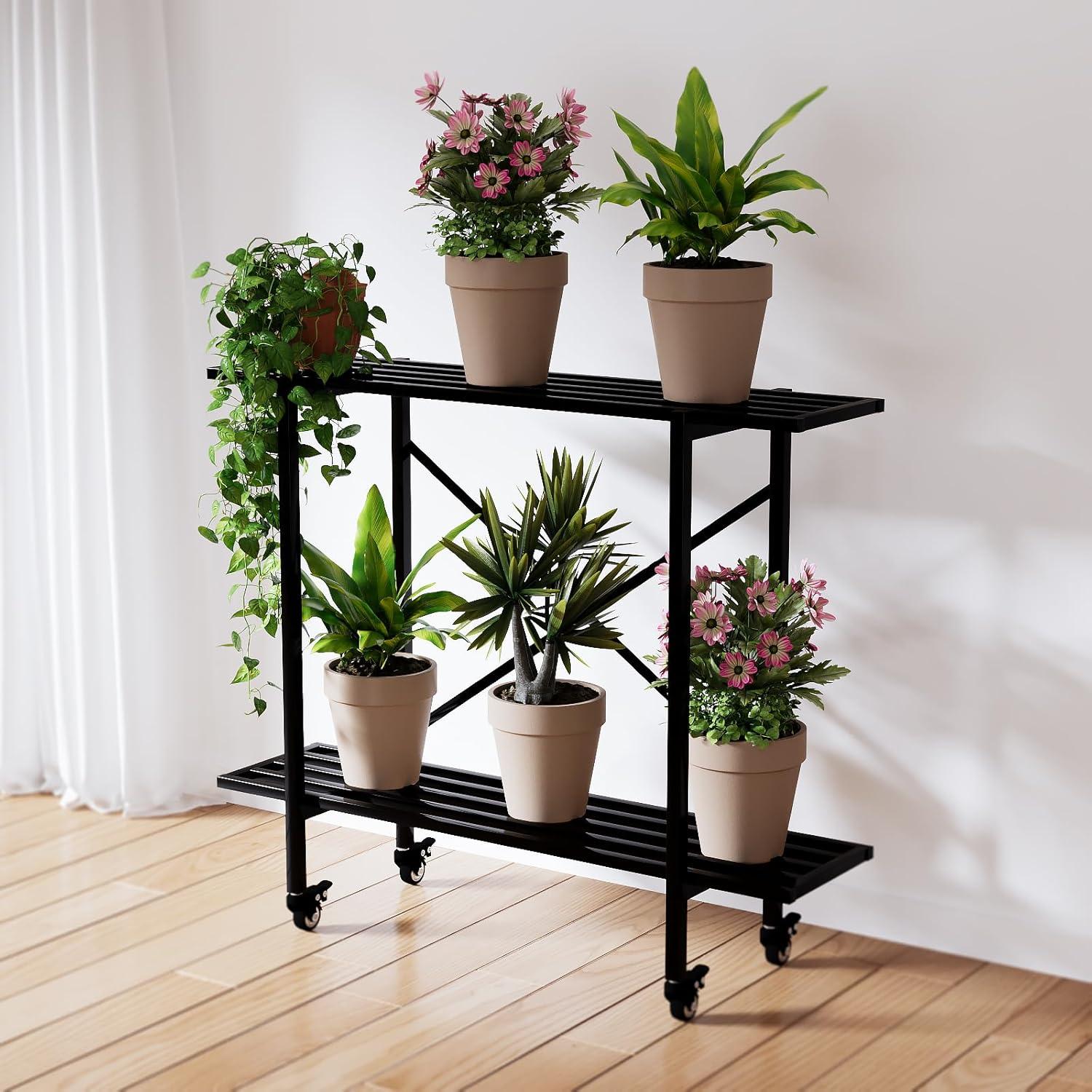 2 Tier Metal Sturdy Heavy Plant Stand, Narrow Plant Stand Indoor and Outdoor, L35.43 x W10.3 x H27.5 inch, 440 LBS Capacity & Heavy Duty Construction