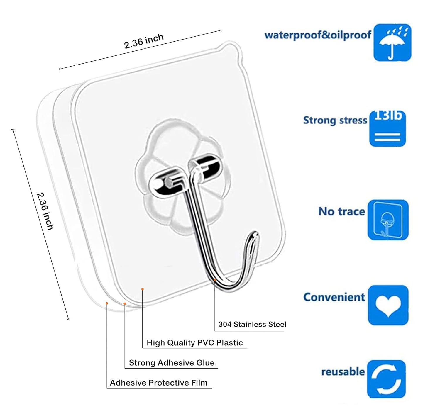 Adhesive Hooks Kitchen Wall Hooks - 24 Packs Heavy Duty 33lb(Max) Nail Free Sticky Hangers with Stainless Hooks Waterproof and Oilproof Reusable Utility Towel Bath Ceiling Hooks
