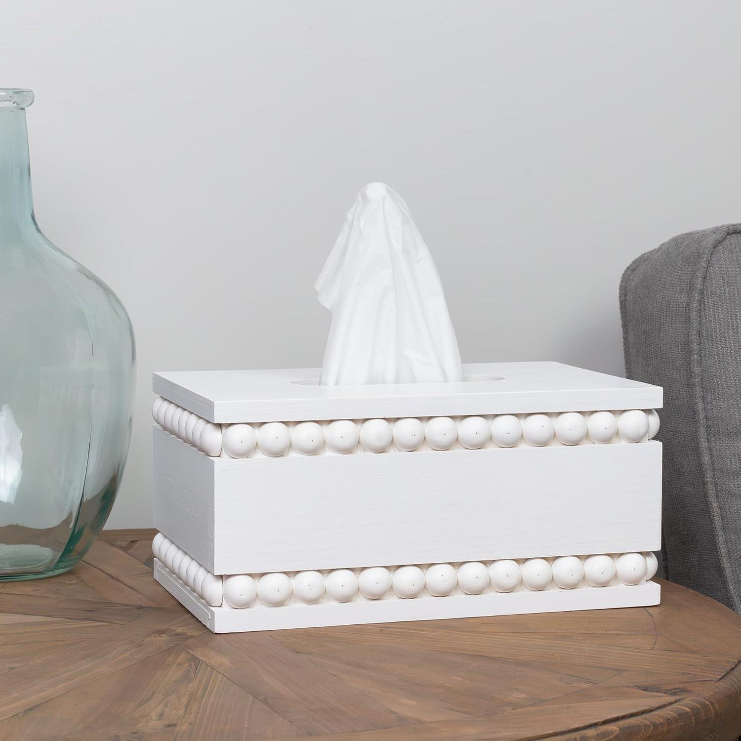 AuldHome Design Beaded Tissue Box Cover White; Rustic Farmhouse Wood Tissue Holder