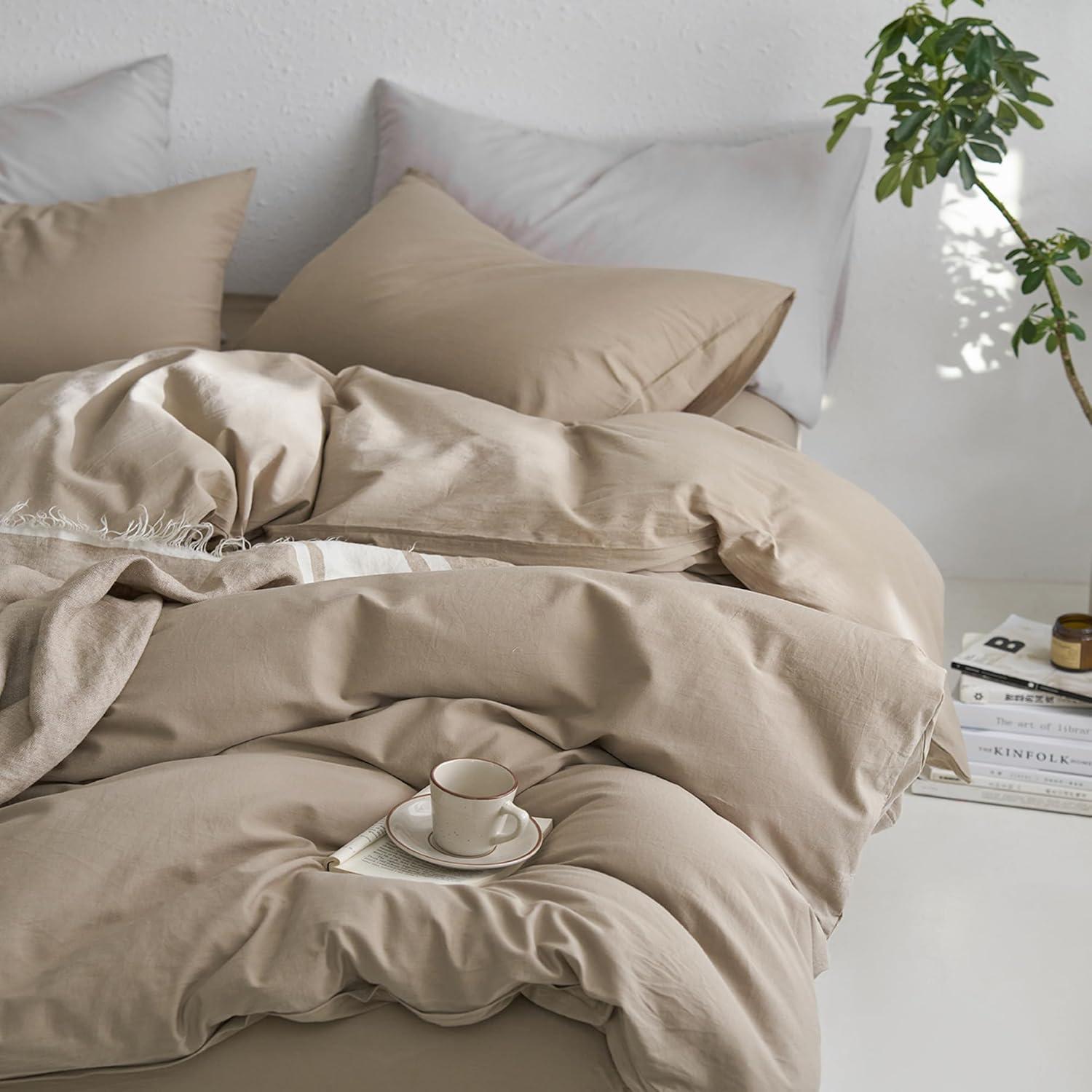 MooMee Washed Cotton Duvet Cover Set Linen Like Textured Breathable 3-Piece (Brown, Queen)