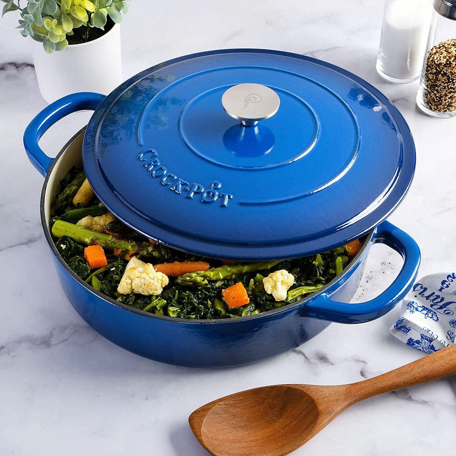 Crock Pot Artisan Enameled 5 Quart Cast Iron Round Braiser Pan with Self Basting Lid in Sapphire Blue