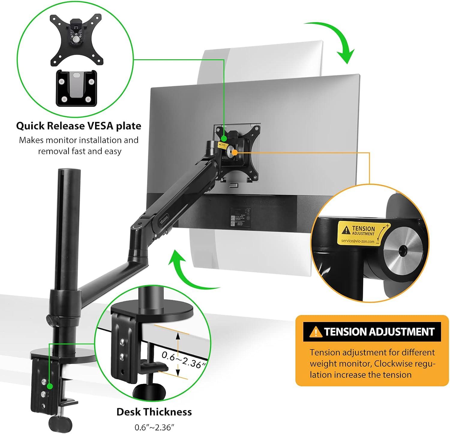 Viozon Monitor/Laptop Mount, Single Gas Spring Arm Desk Stand/Holder for 17-32" Computer Monitor, Extra Laptop Tray Fits 12-17" Laptops/Notebook(1S-Prob)