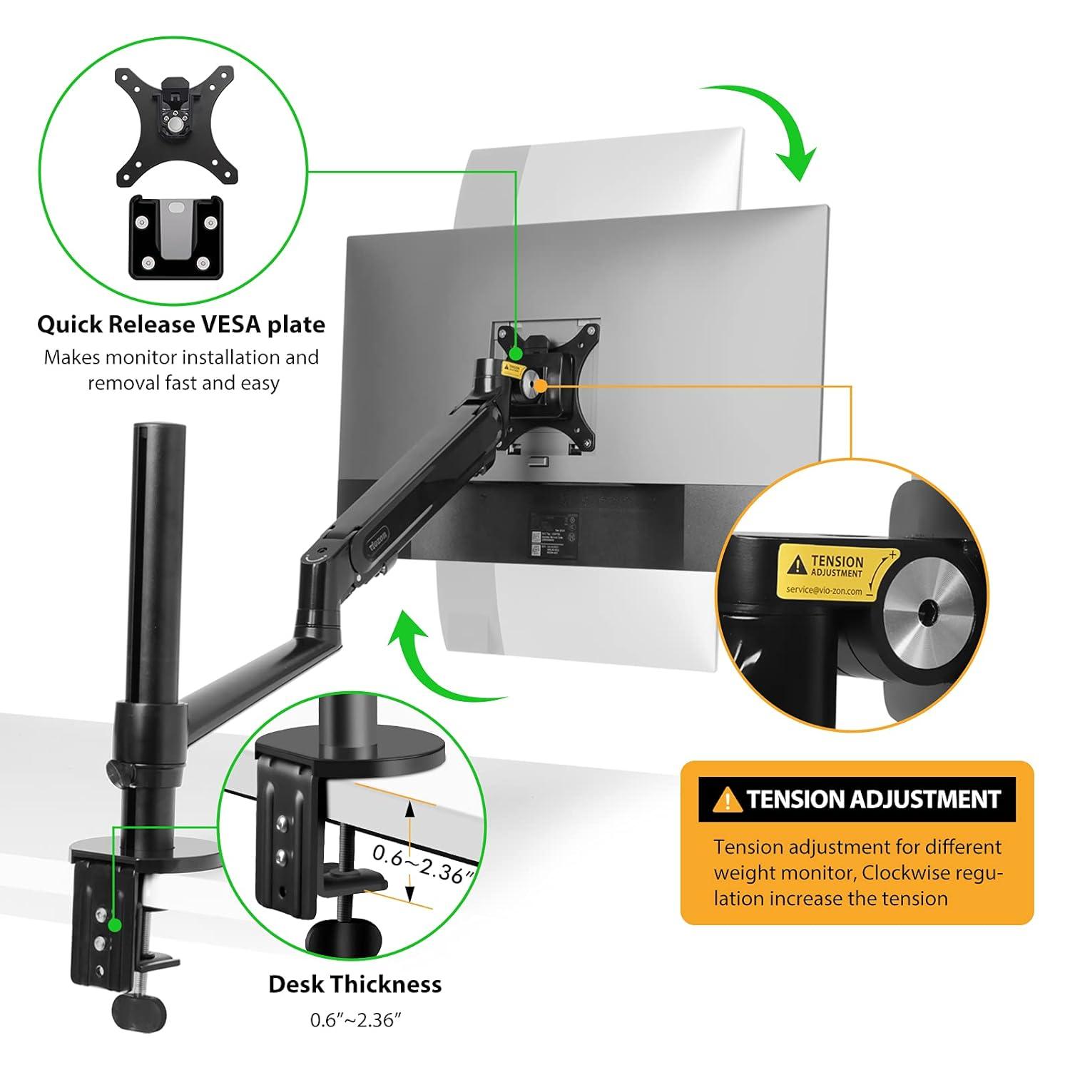 Viozon Monitor/Laptop Mount, Single Gas Spring Arm Desk Stand/Holder for 17-32" Computer Monitor, Extra Laptop Tray Fits 12-17" Laptops/Notebook(1S-Prob)